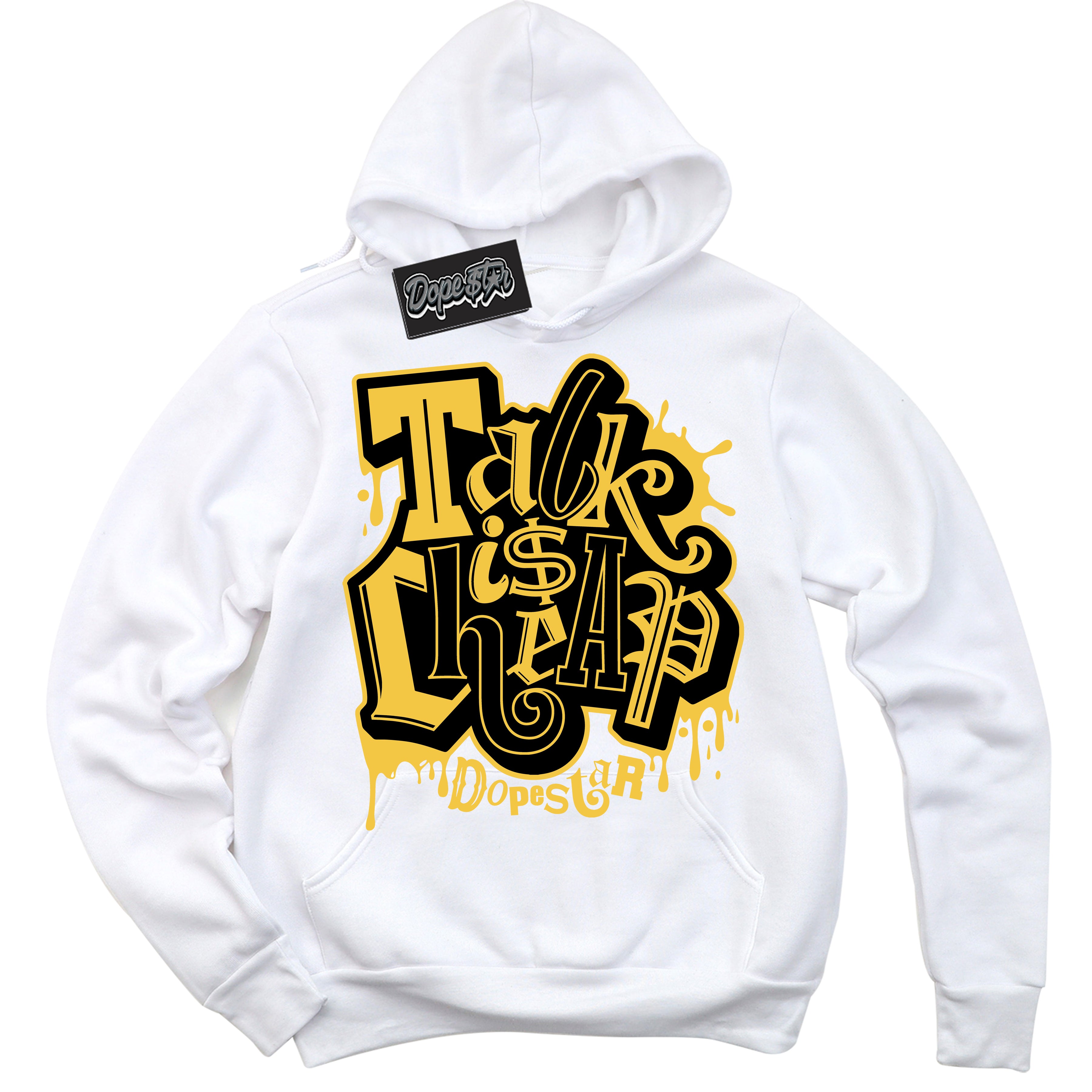 Cool White Hoodie with “ Talk Is Cheap ”  design that Perfectly Matches Black Taxi 12s Sneakers.