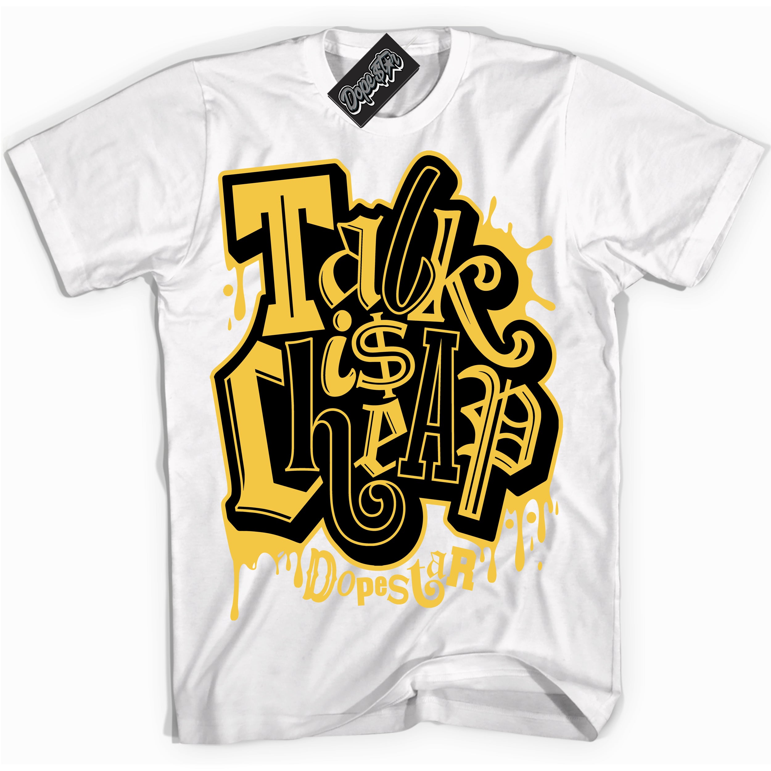 Cool White Shirt with “ Talk Is Cheap” design that perfectly matches Black Taxi 12s Sneakers.