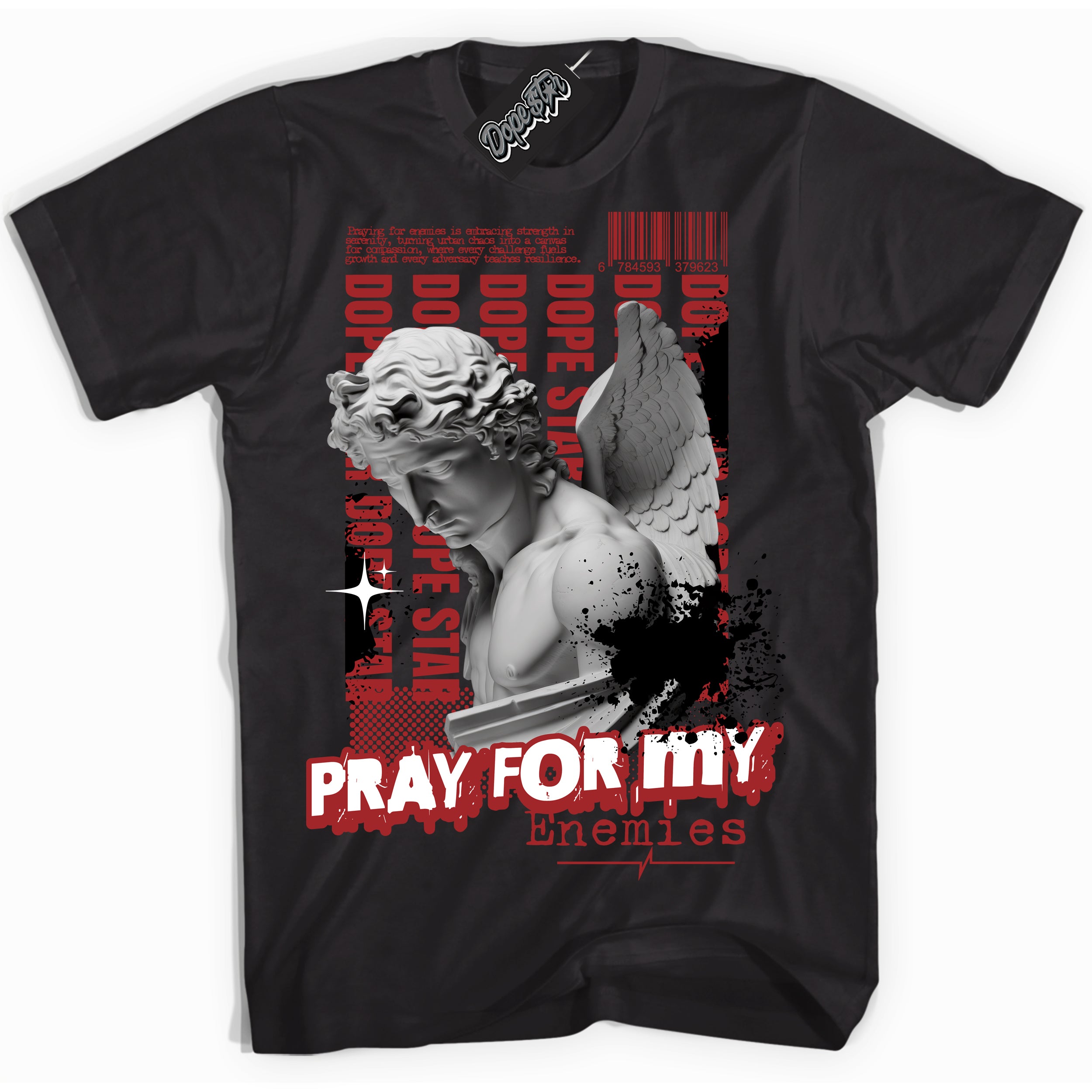 Cool Black Shirt with “ Pray Enemies” design that perfectly matches Cherry 12s Sneakers.