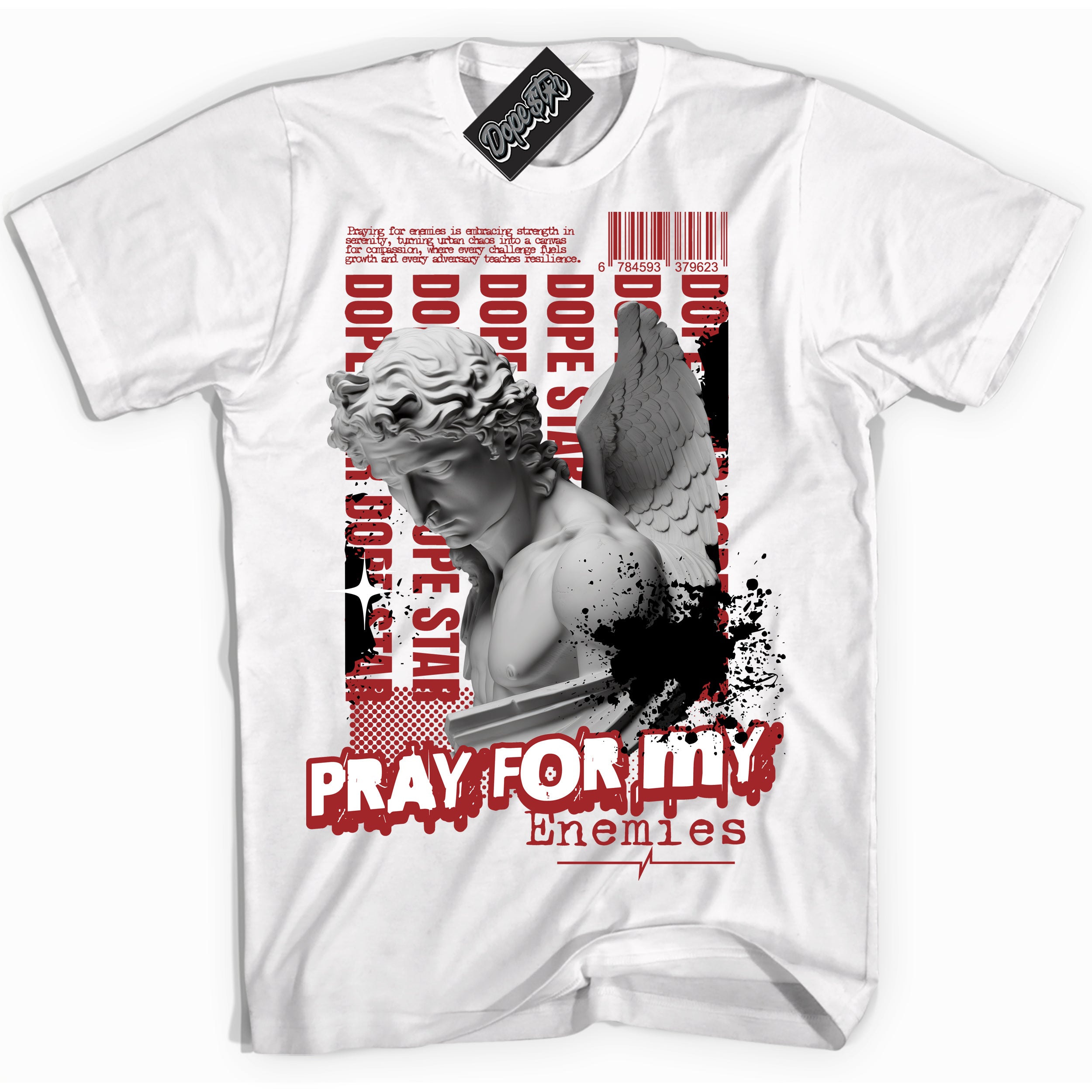 Cool White Shirt with “ Pray Enemies” design that perfectly matches Cherry 12s Sneakers.