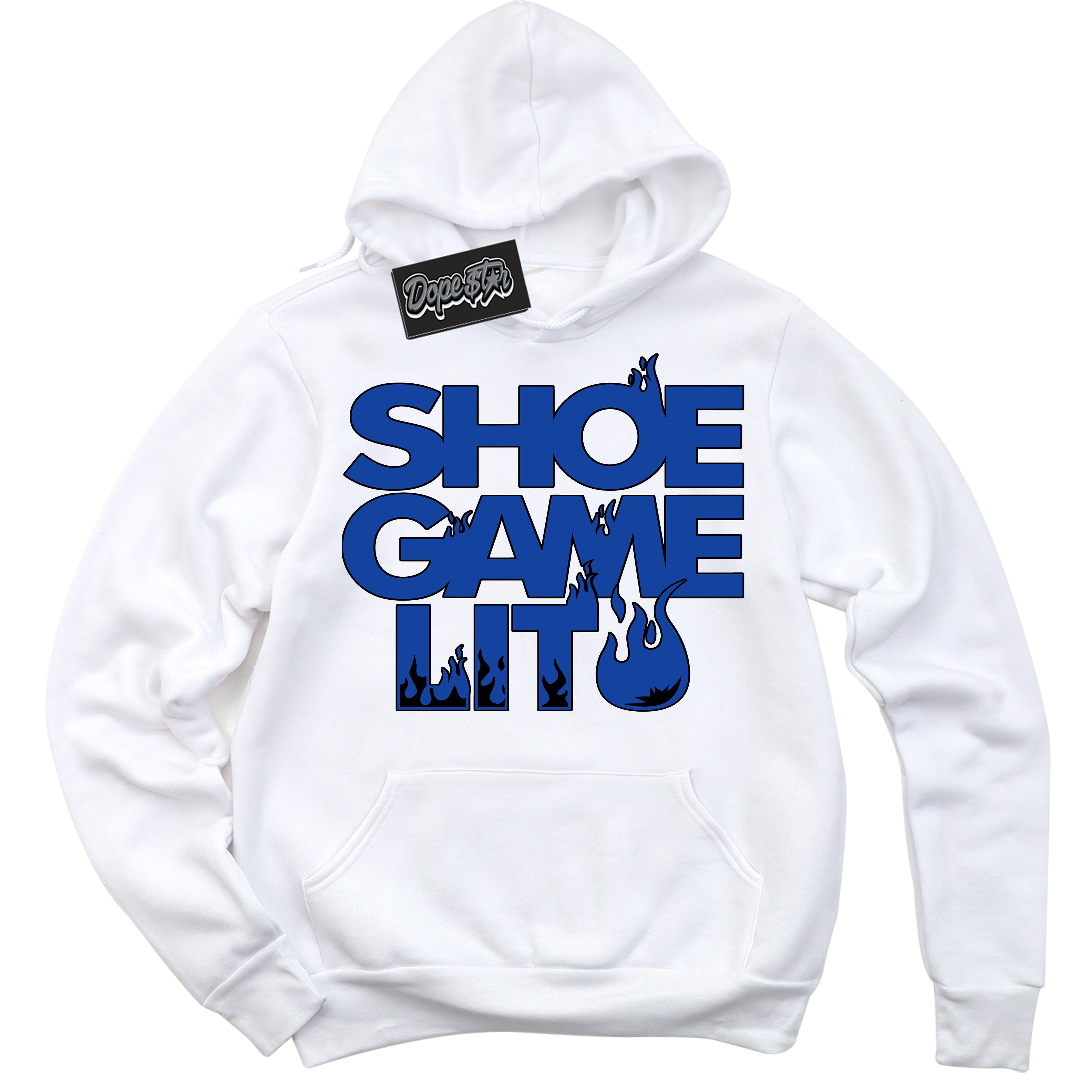 Cool White Hoodie with “ Shoe Game Lit '' design that Perfectly Matches  Black Game Royal 12s Sneakers.