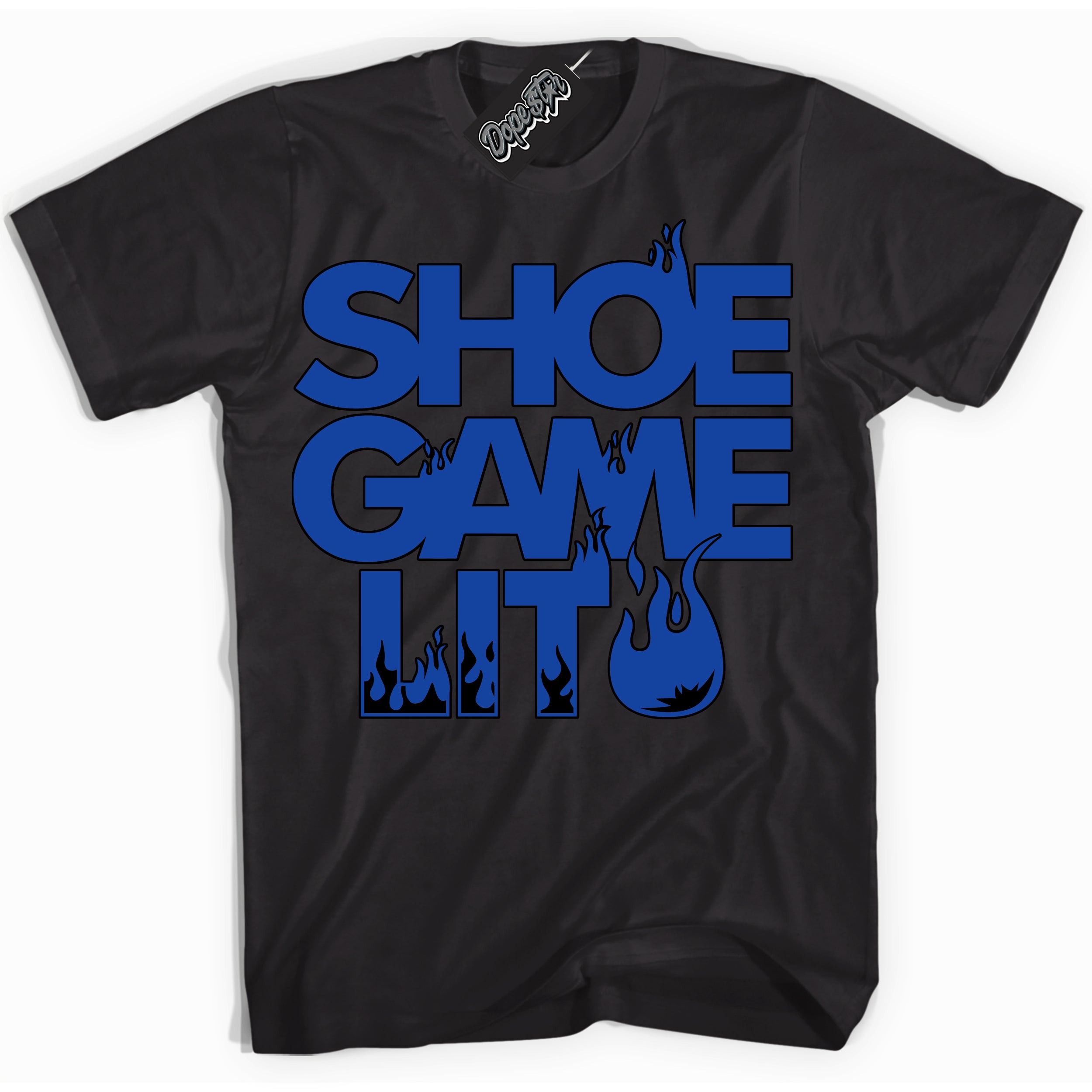 Cool Black Shirt with “ Shoe Game Lit ” design that perfectly matches Black Game Royal 12s Sneakers.