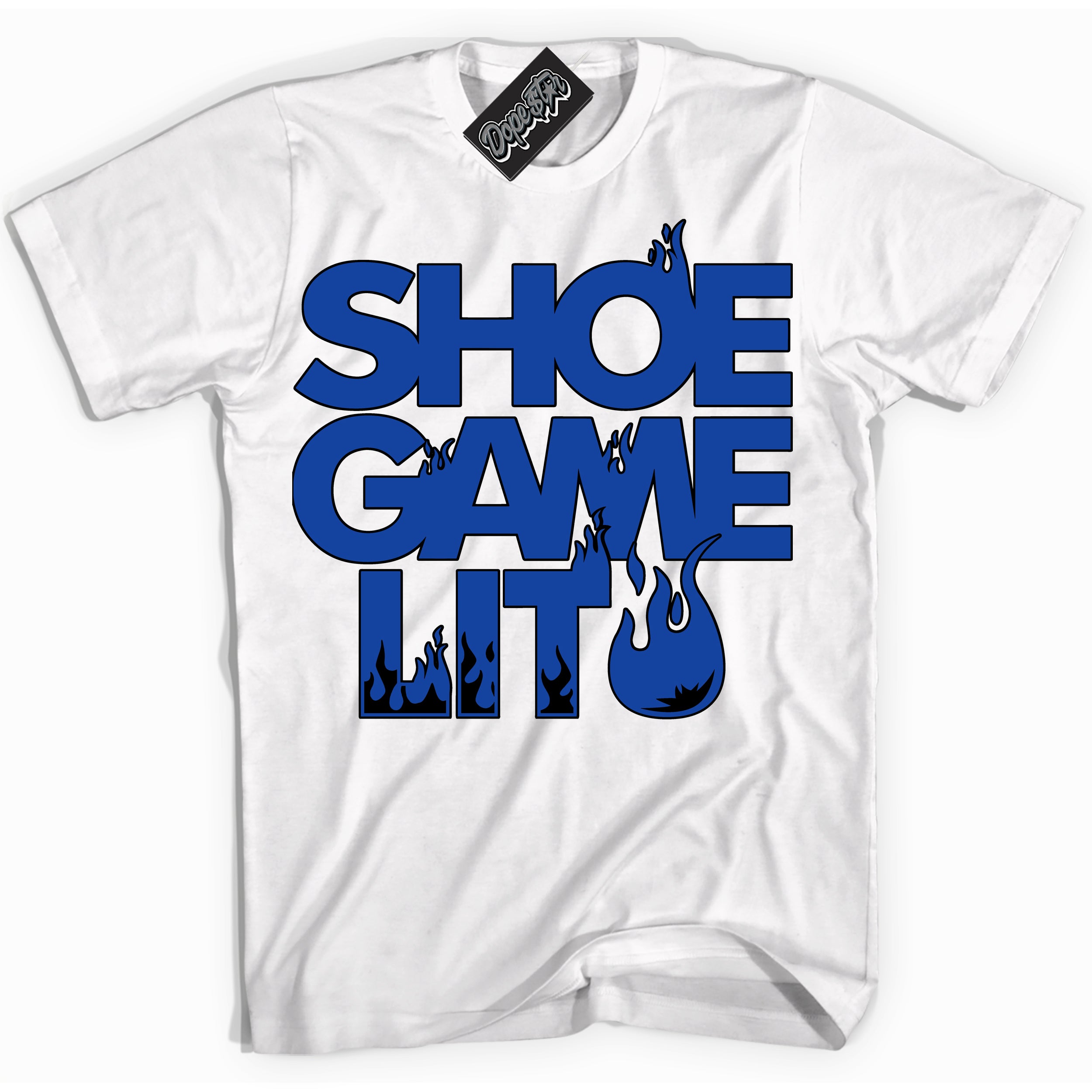 Cool White Shirt with “ Shoe Game Lit ” design that perfectly matches Black Game Royal 12s Sneakers.