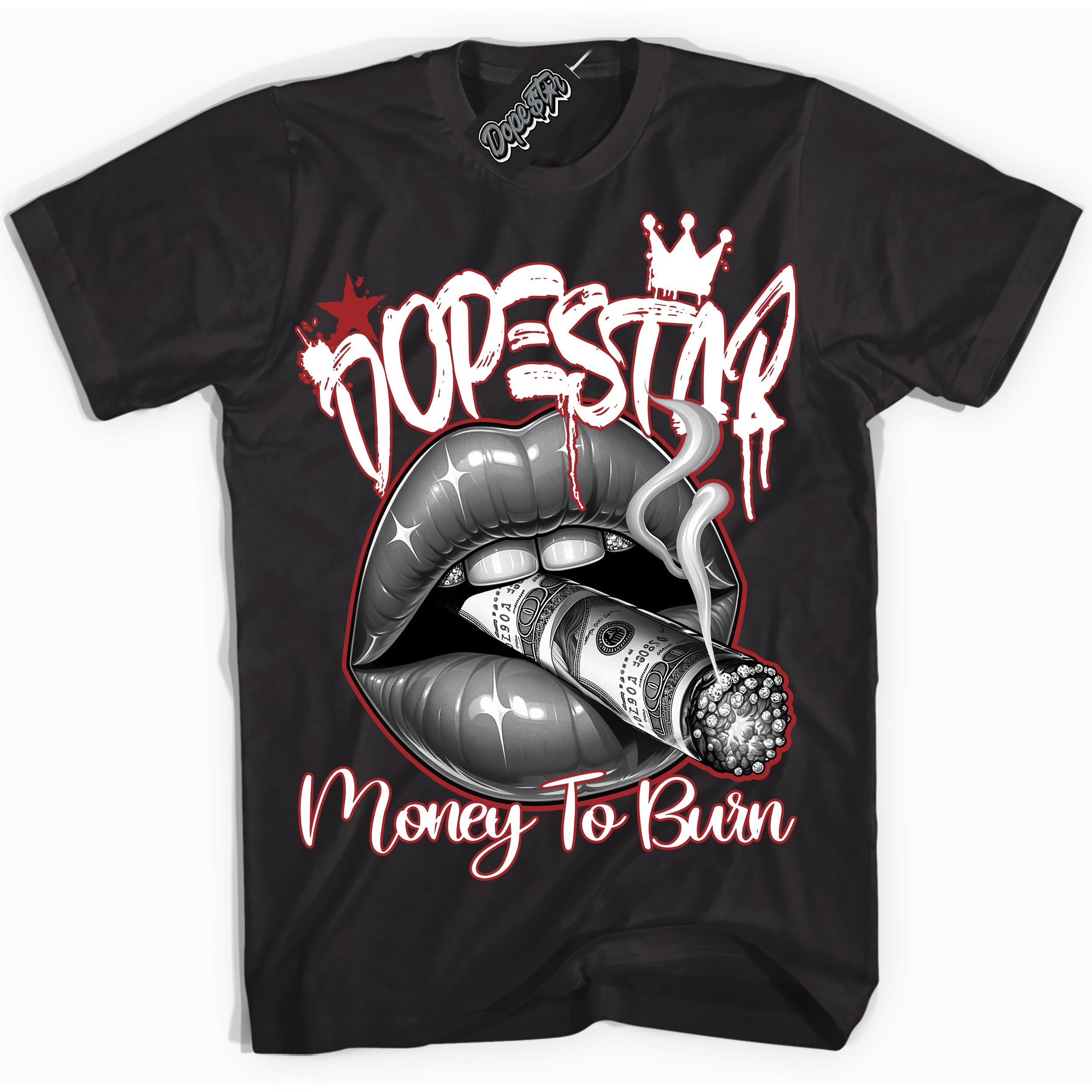 Cool Black Shirt with “ Money To Burn” design that perfectly matches Cherry 12s  Sneakers.