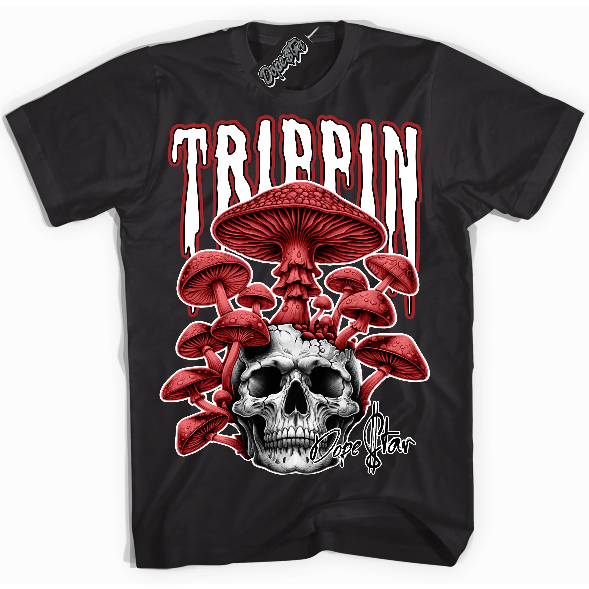 Cool Black Shirt with “ Trippin” design that perfectly matches Cherry 12s Sneakers.