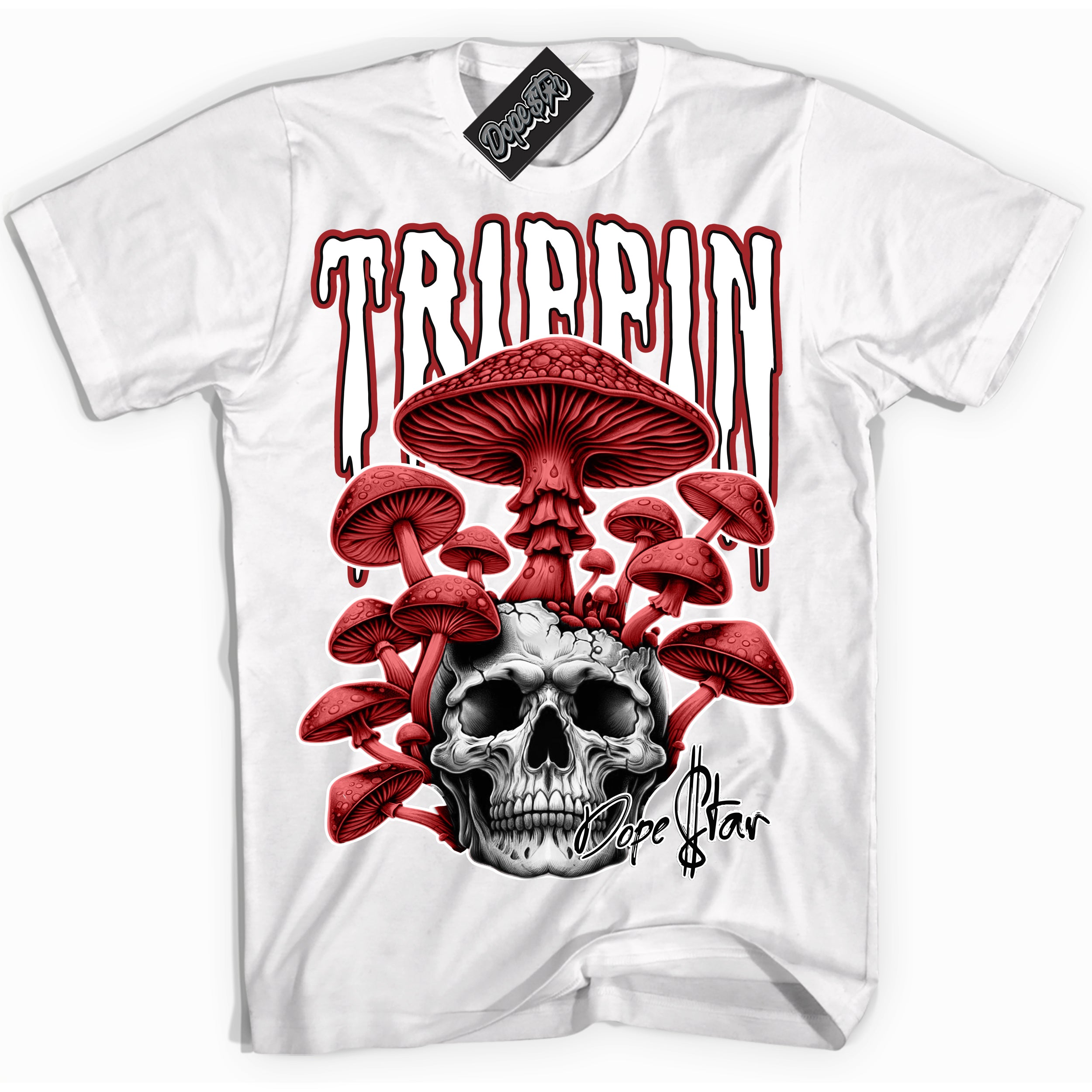 Cool White Shirt with “ Trippin” design that perfectly matches Cherry 12s Sneakers.