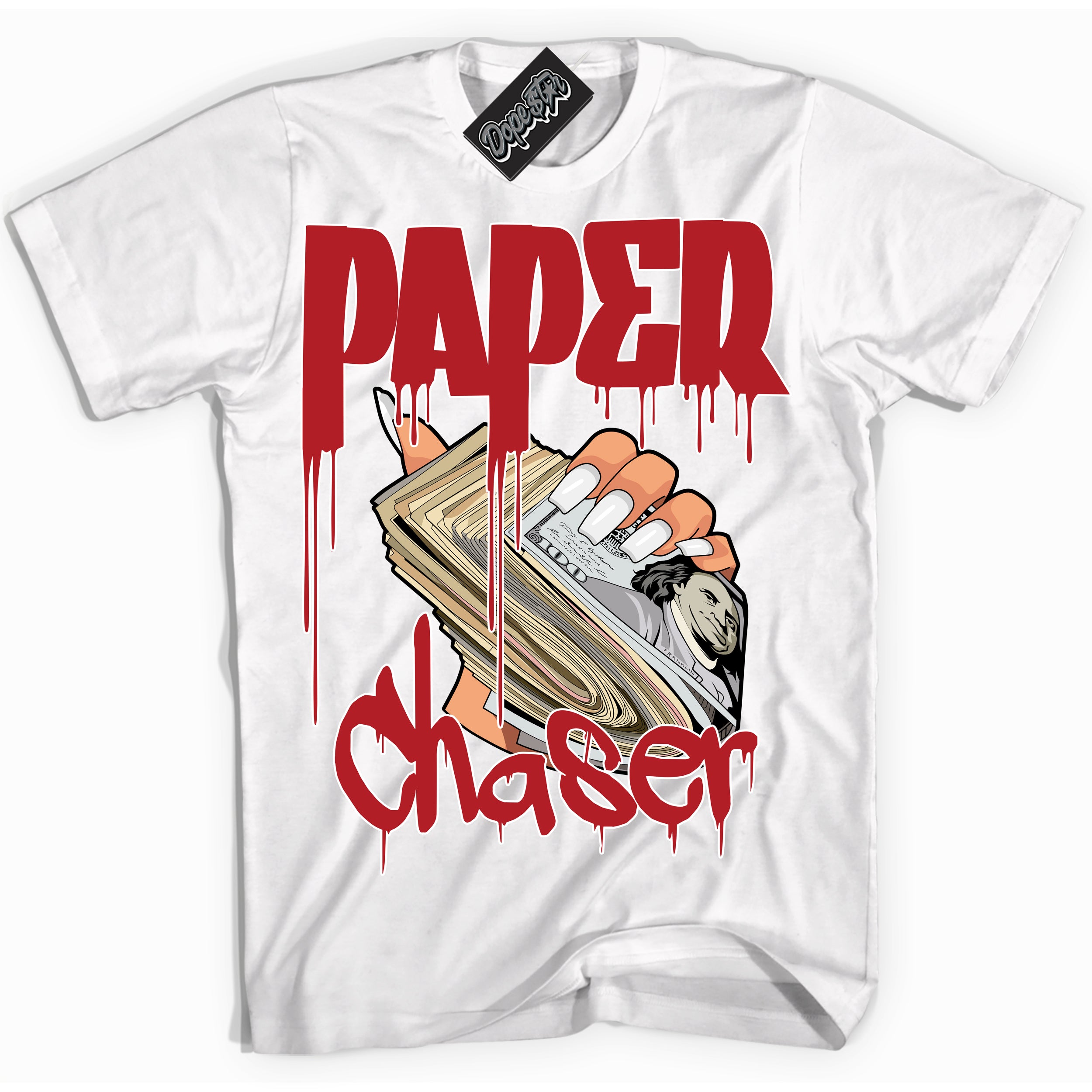 Cool White Shirt with “ Paper Chaser” design that perfectly matches Taxi Flip 12s Sneakers.