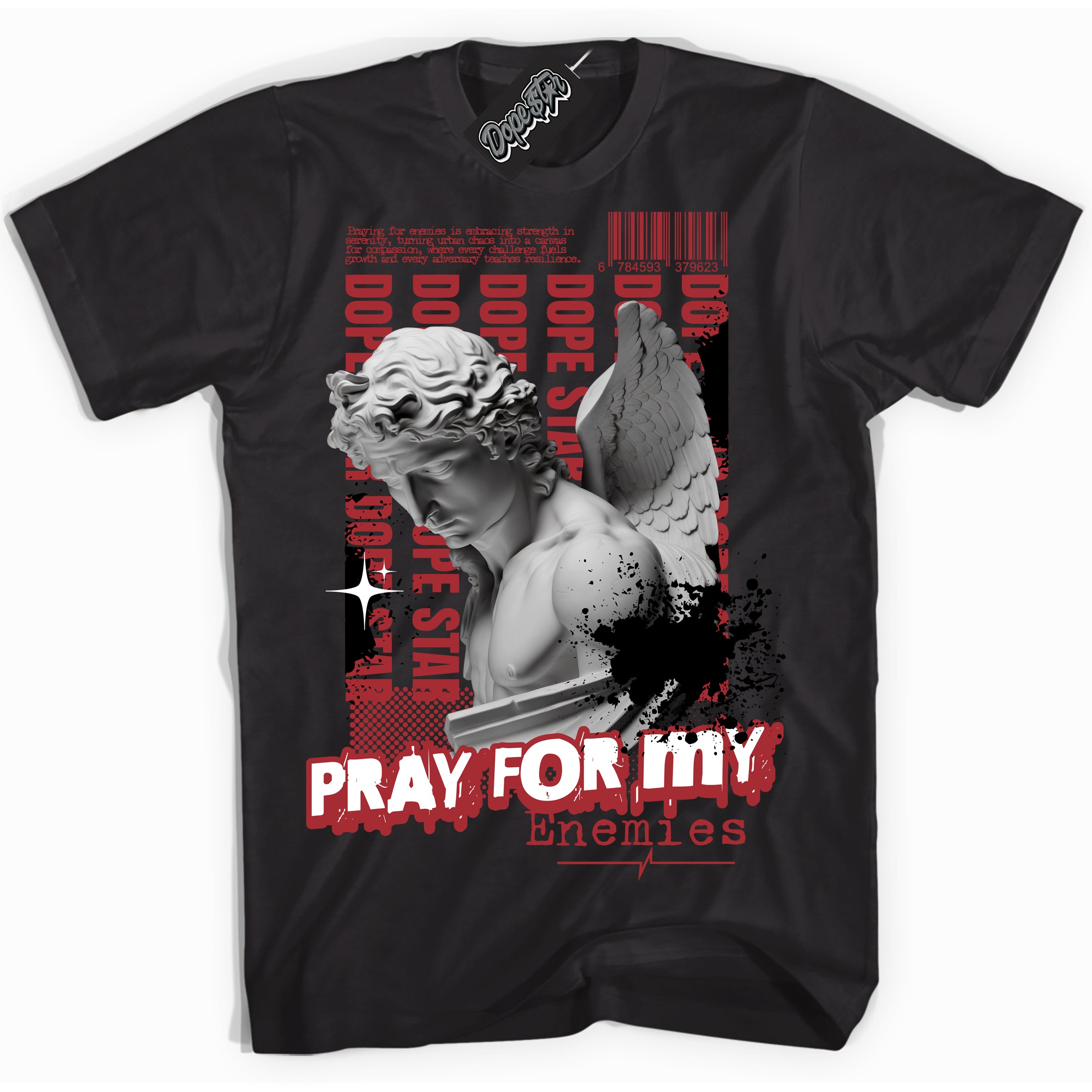 Cool Black Shirt with “ Pray Enemies” design that perfectly matches Taxi Flip 12s Sneakers.