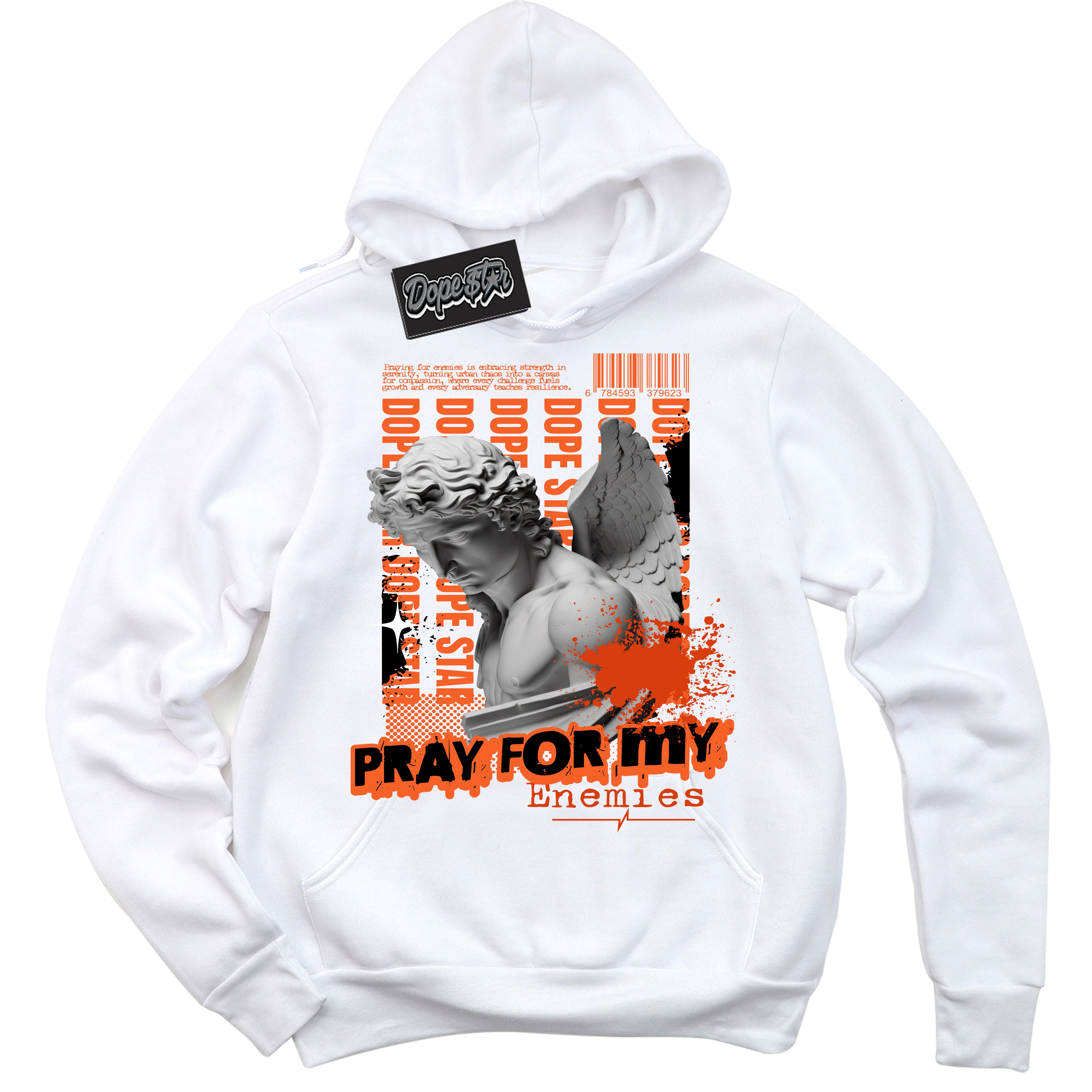 Cool White Hoodie with “ Pray Enemies ”  design that Perfectly Matches WNBA All Star Brilliant Orange 12s Sneakers.