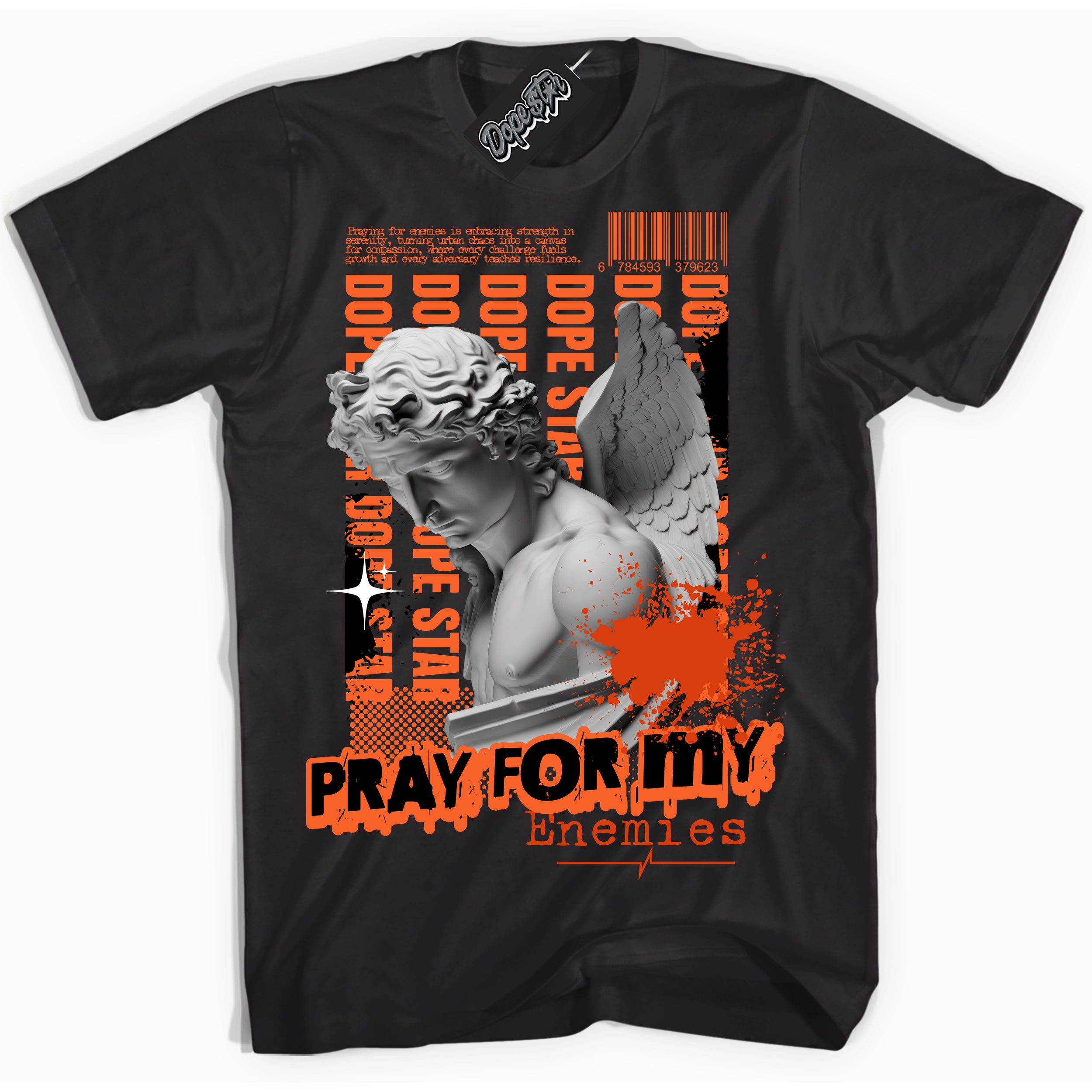 Cool Black Shirt with “ Pray Enemies” design that perfectly matches WNBA All Star Brilliant Orange 12s Sneakers.