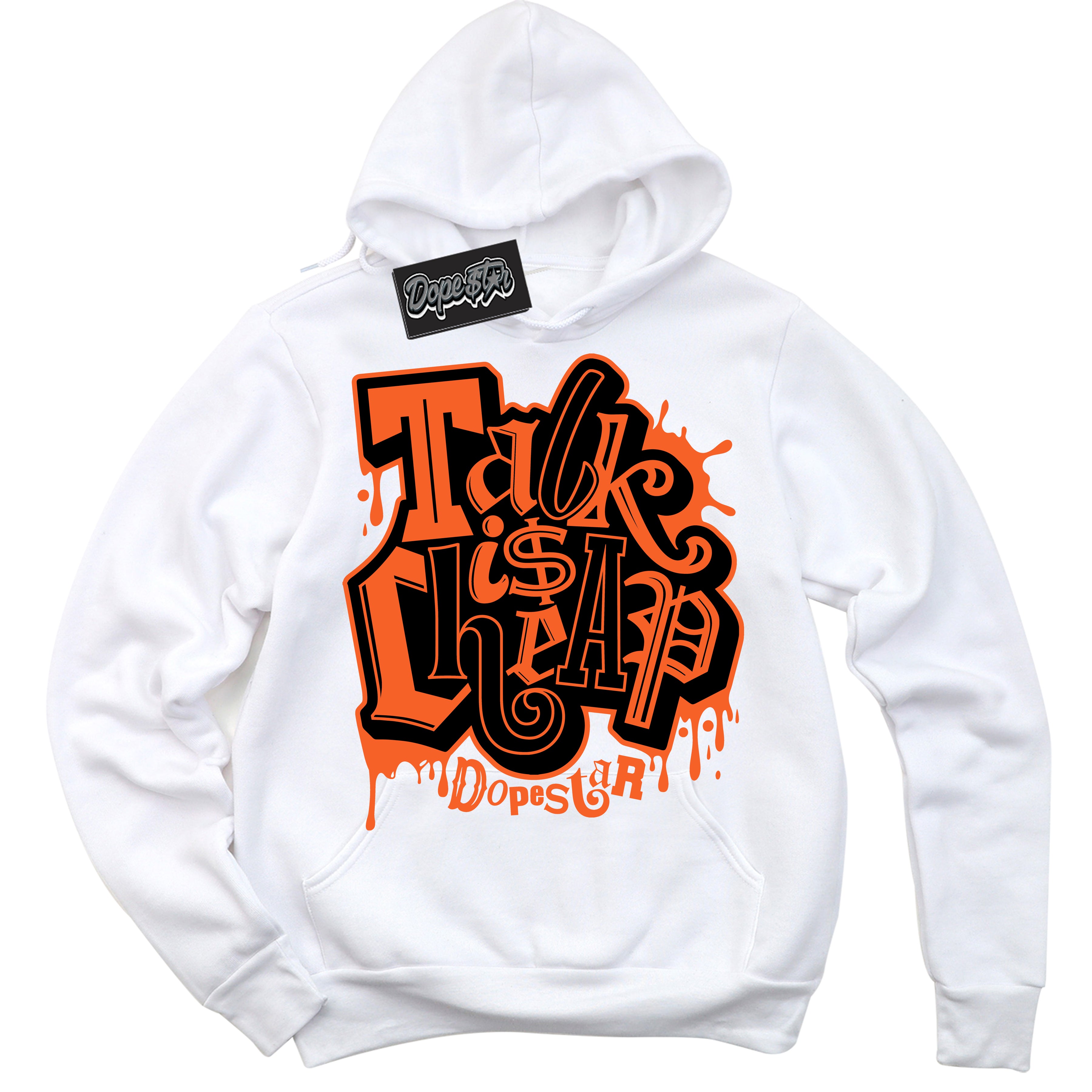 Cool White Hoodie with “ Talk Is Cheap ”  design that Perfectly Matches Brilliant Orange 12s Sneakers.