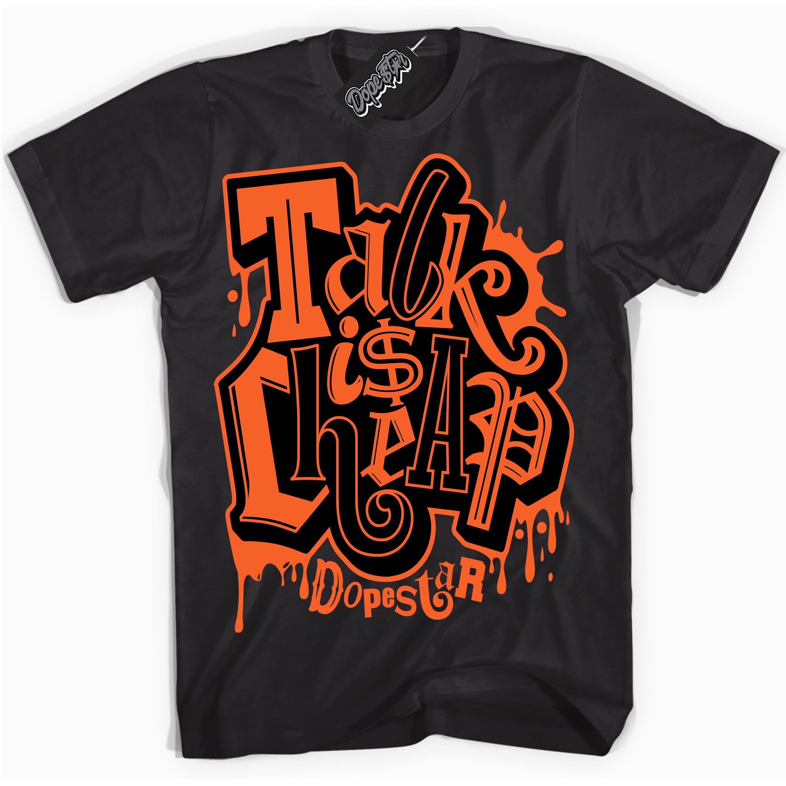 Cool Black Shirt with “ Talk Is Cheap” design that perfectly matches Brilliant Orange 12s Sneakers.