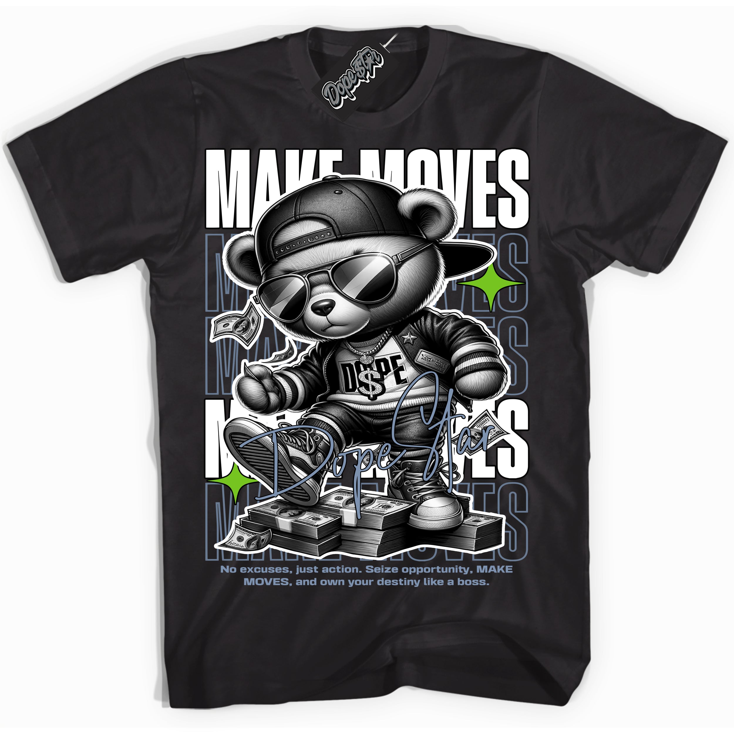 Cool Black Shirt with “ Makin Moves” design that perfectly matches Blue Grey 13s Sneakers.