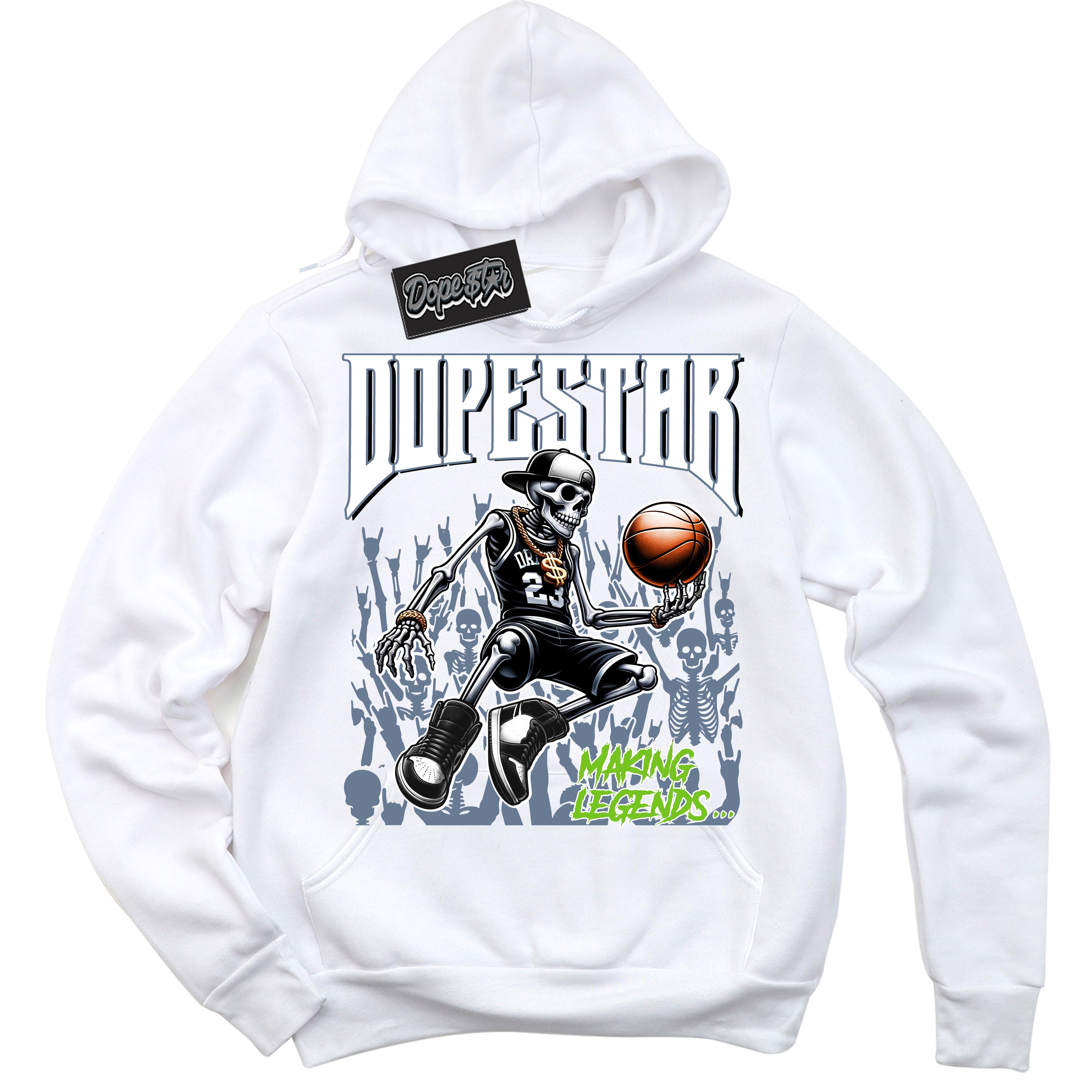 Cool White Hoodie with “ Making Legends ”  design that Perfectly Matches Blue Grey 13s Sneakers.