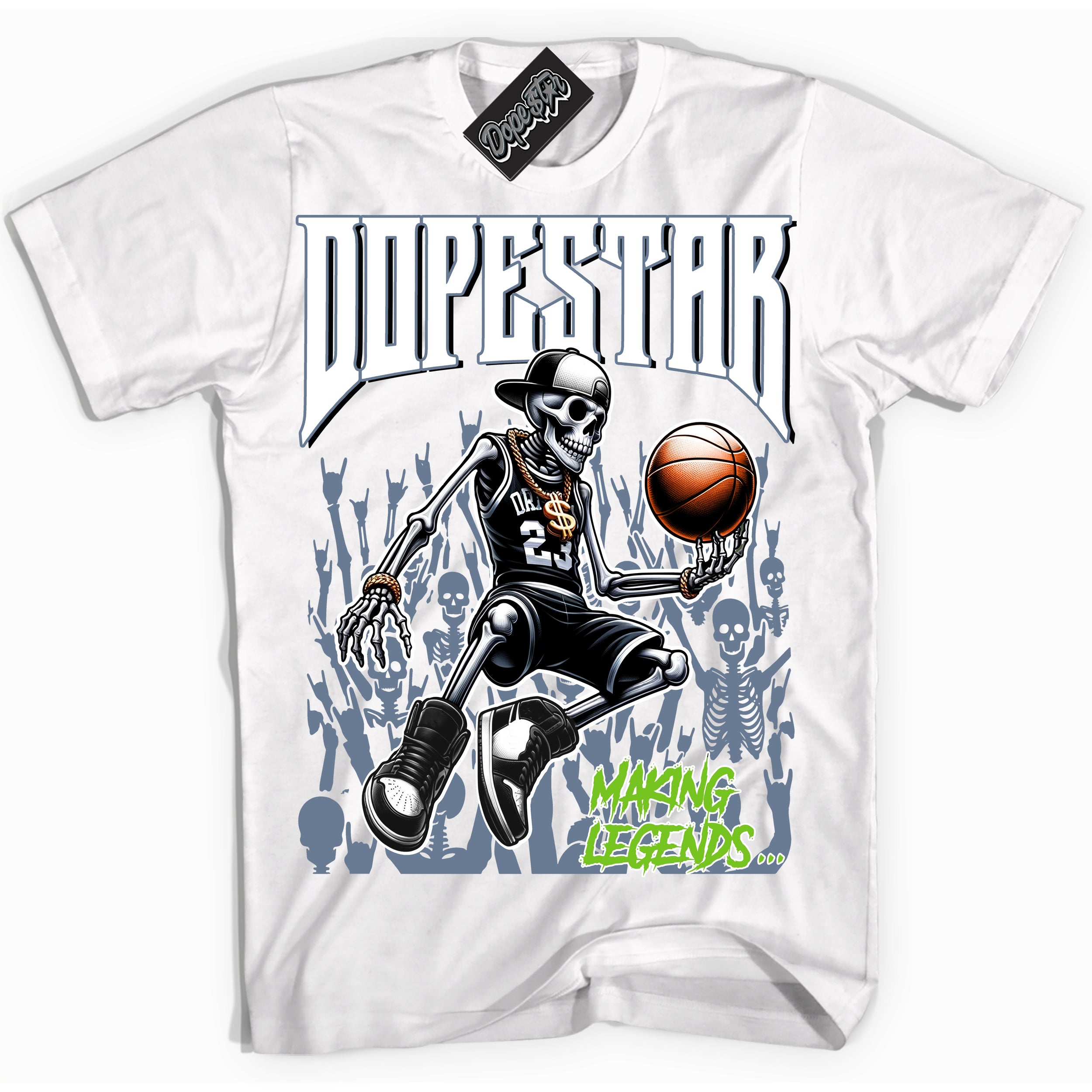 Cool White Shirt with “ Making Legends ” design that perfectly matches Blue Grey 13s Sneakers.