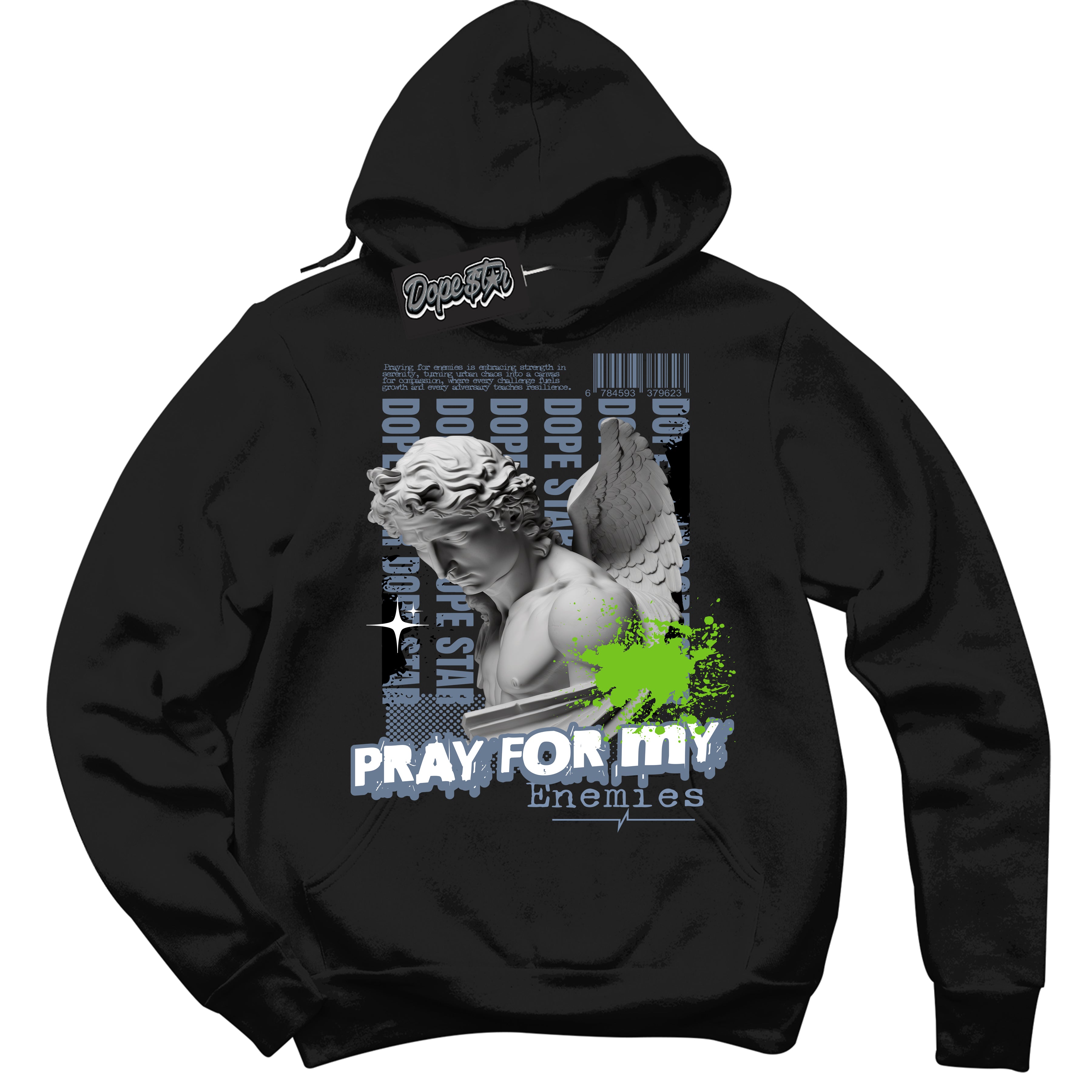 Cool Black Hoodie with “ Pray Enemies ”  design that Perfectly Matches Blue Gray 13s Sneakers.