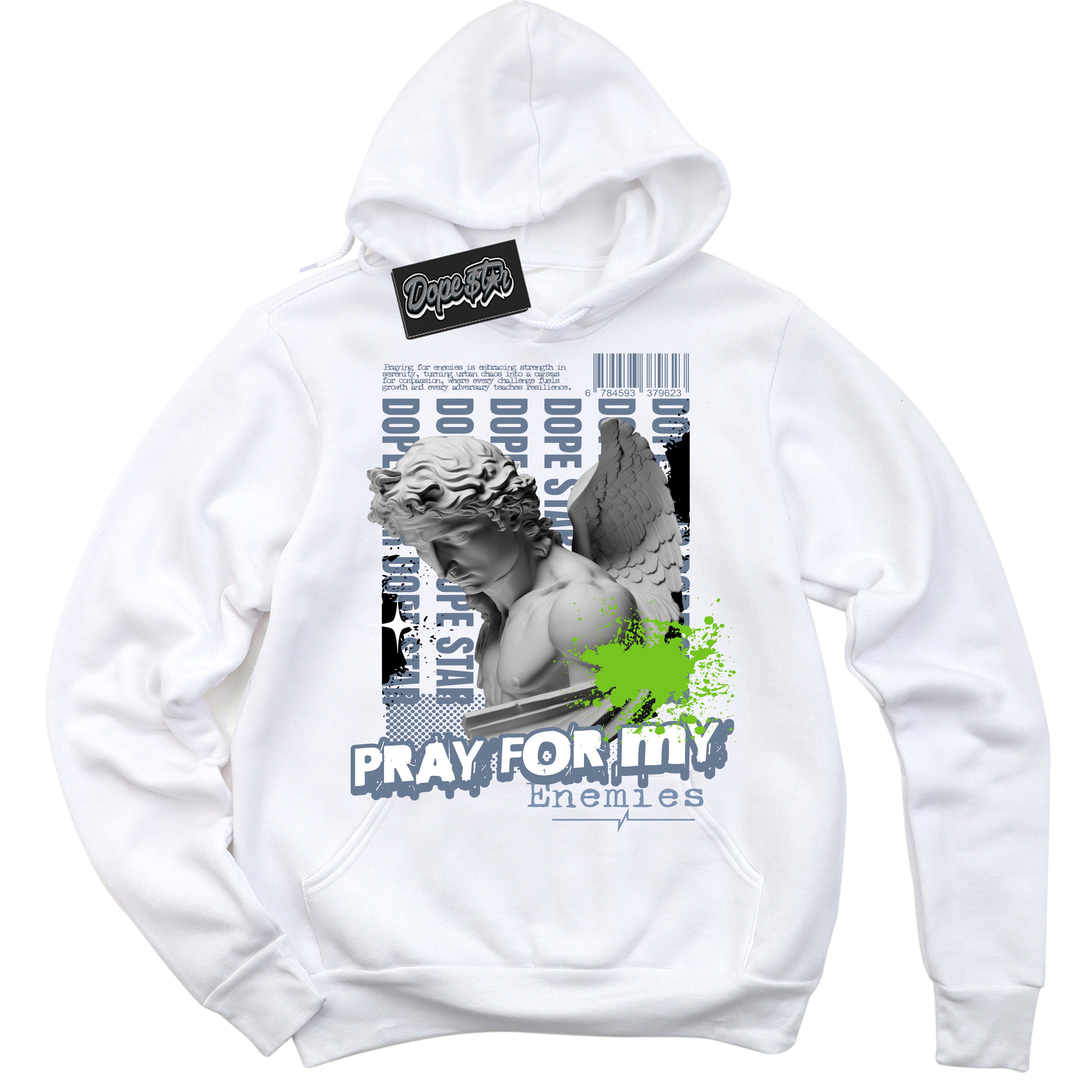 Cool White Hoodie with “ Pray Enemies ”  design that Perfectly Matches Blue Gray 13s Sneakers.