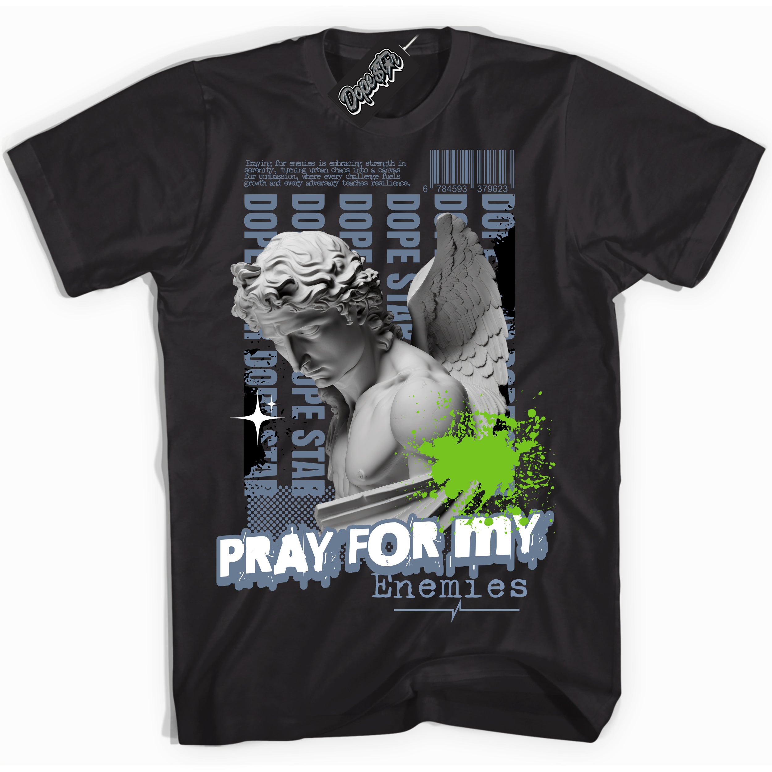 Cool Black Shirt with “ Pray Enemies” design that perfectly matches Blue Gray 13s Sneakers.