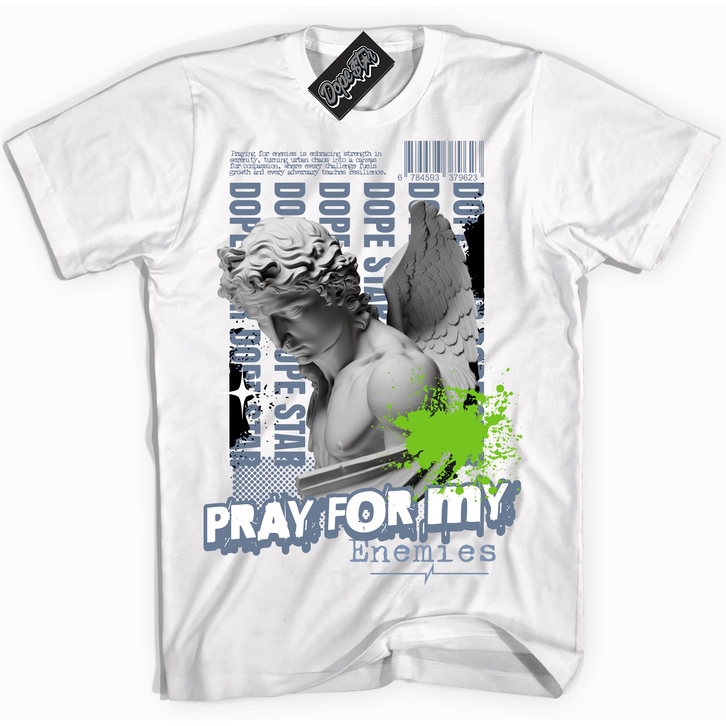 Cool White Shirt with “ Pray Enemies” design that perfectly matches Blue Gray 13s Sneakers.