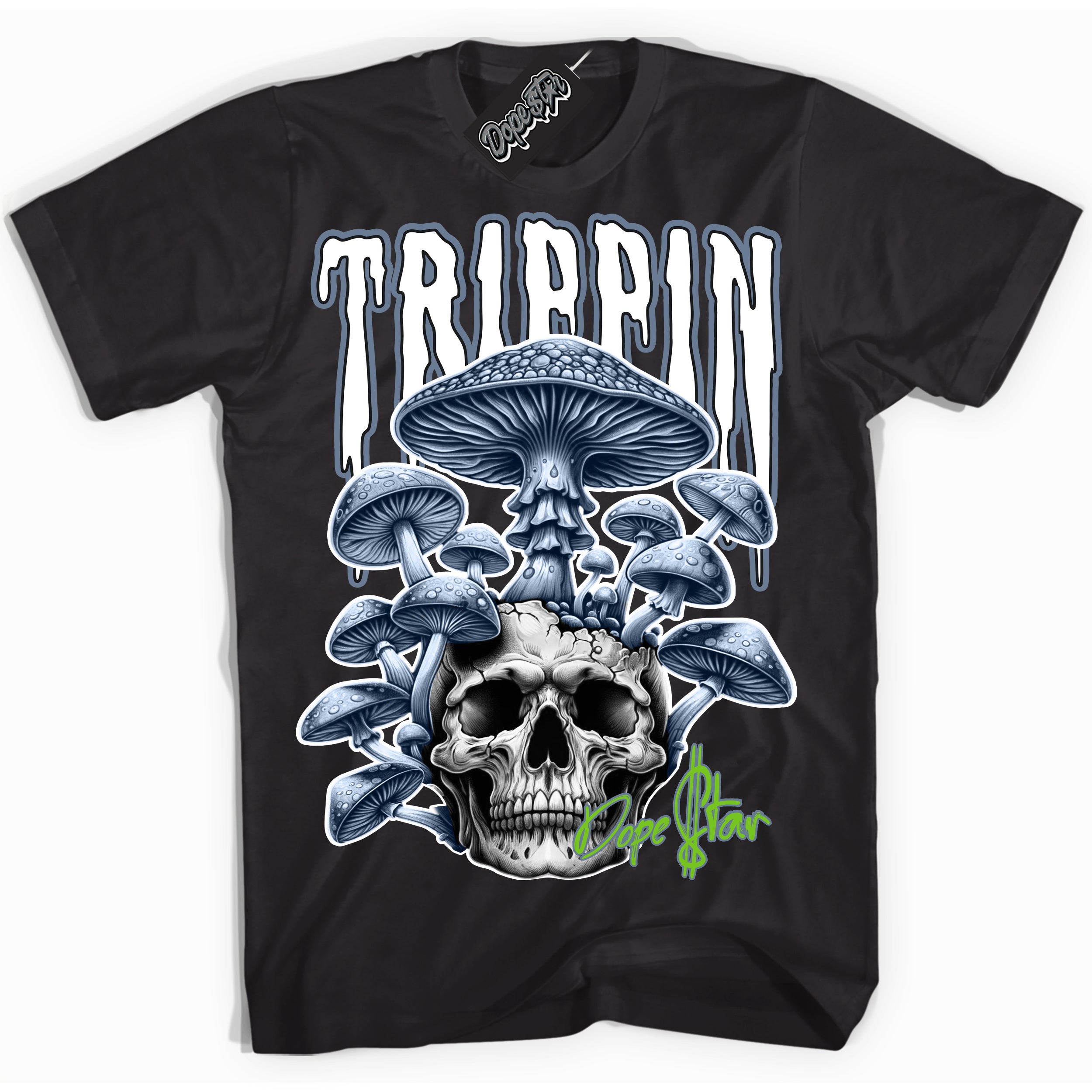 Cool Black Shirt with “ Trippin” design that perfectly matches Blue Grey 13s Sneakers.