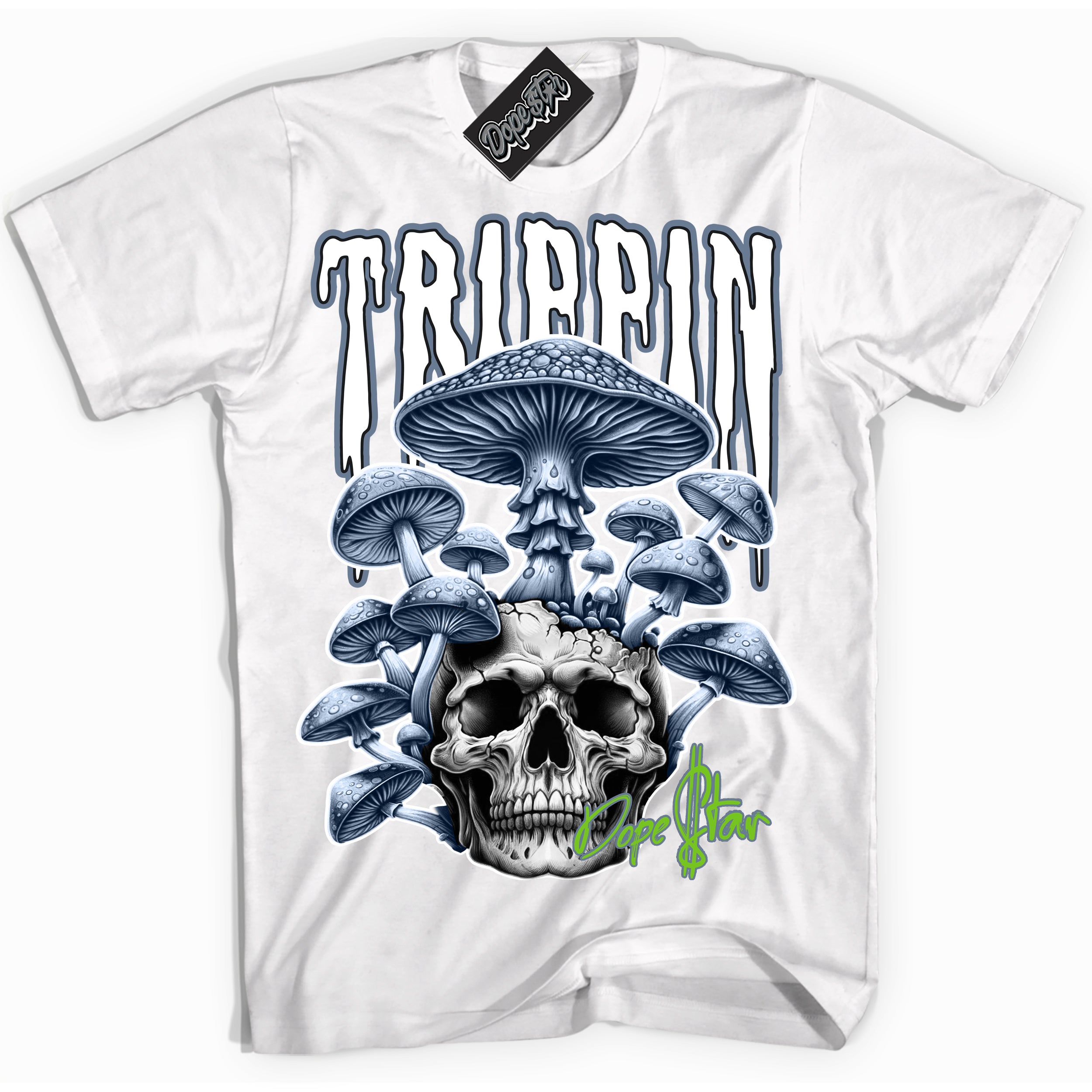 Cool White Shirt with “ Trippin” design that perfectly matches Blue Grey 13s Sneakers.