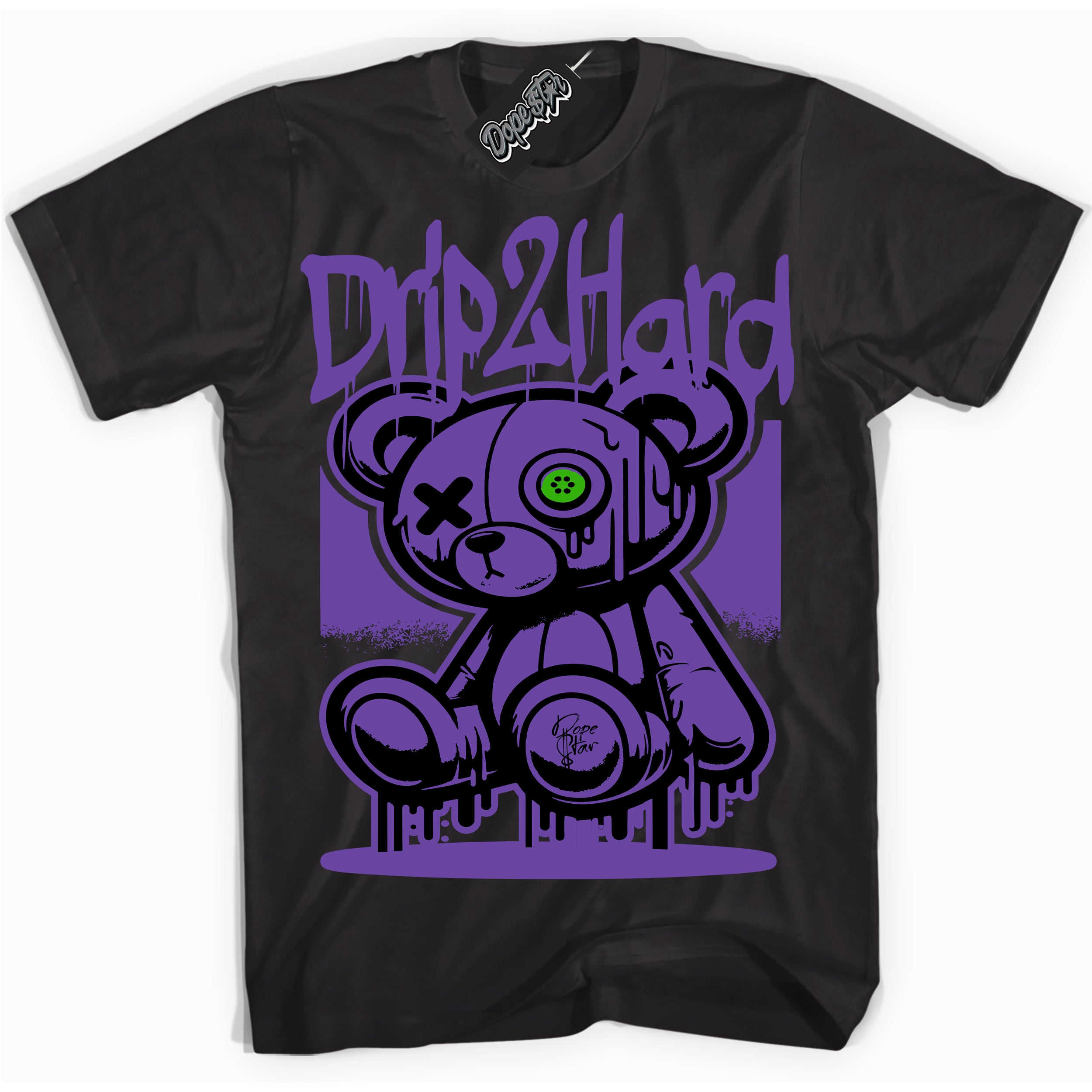 Cool Black graphic tee with “ Drip 2 Hard ” design, that perfectly matches Court Purple 13s