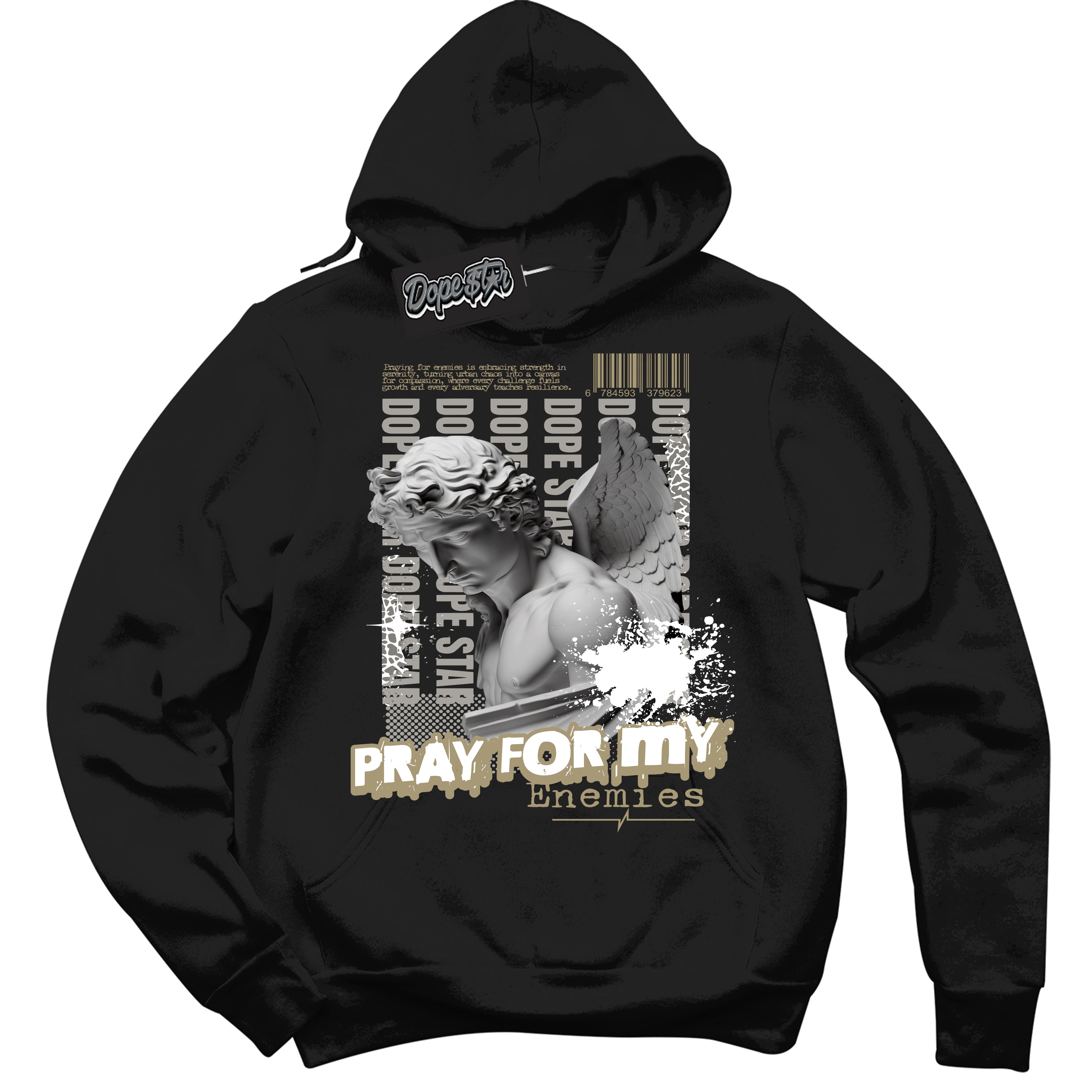 Cool Black Hoodie with “ Pray Enemies ”  design that Perfectly Matches Craft Ivory 13s Sneakers.