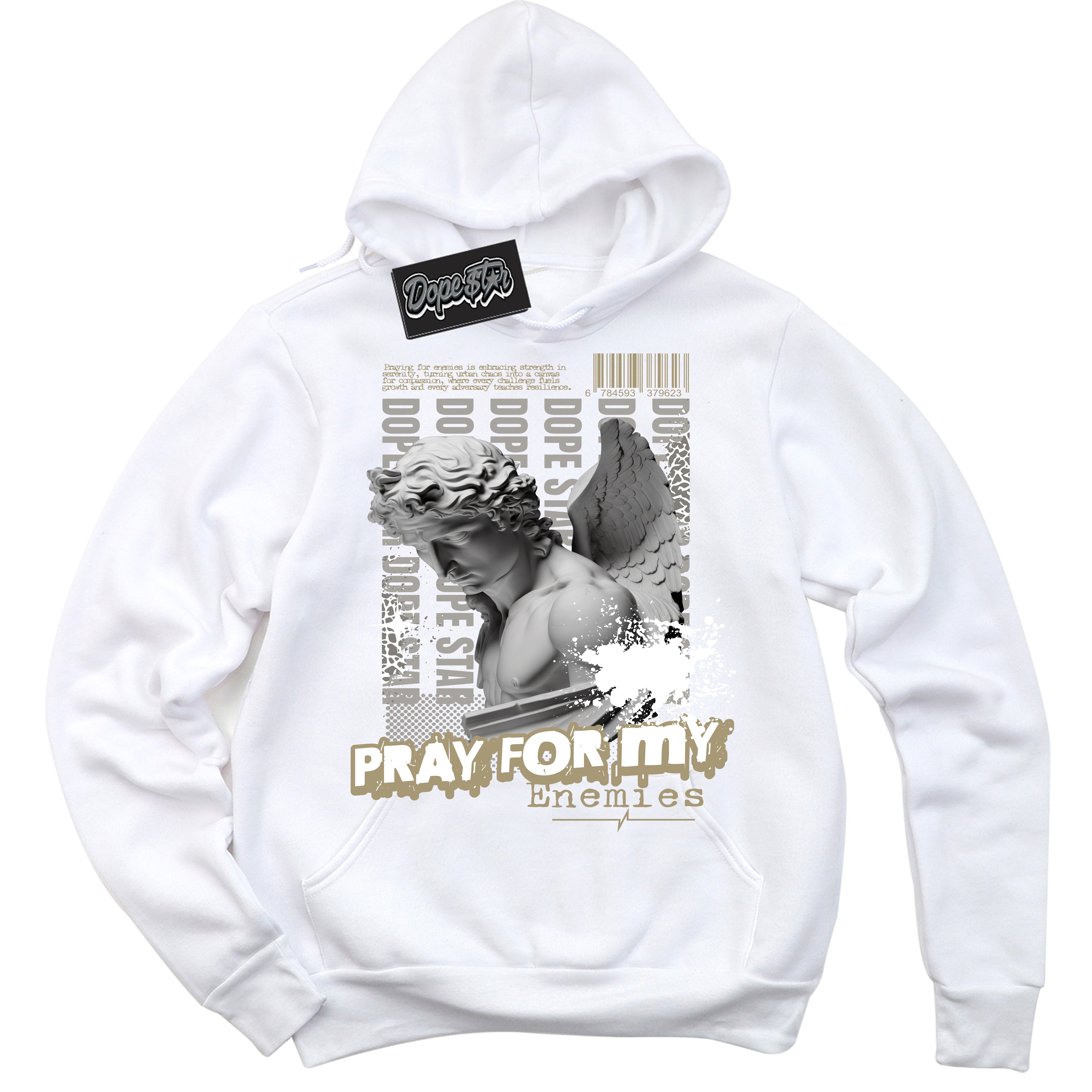 Cool White Hoodie with “ Pray Enemies ”  design that Perfectly Matches Craft Ivory 13s Sneakers.