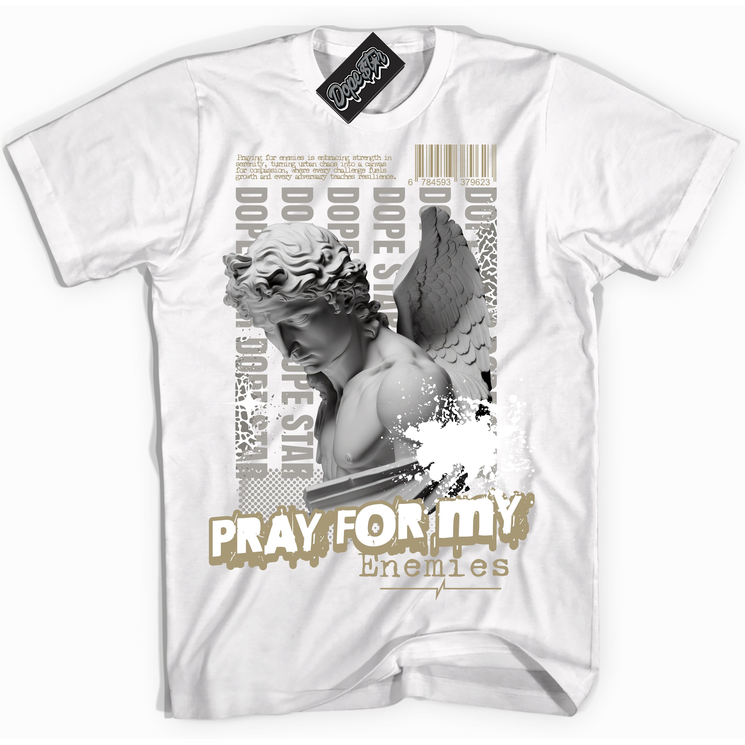 Cool White Shirt with “ Pray Enemies” design that perfectly matches Craft Ivory 13s Sneakers.