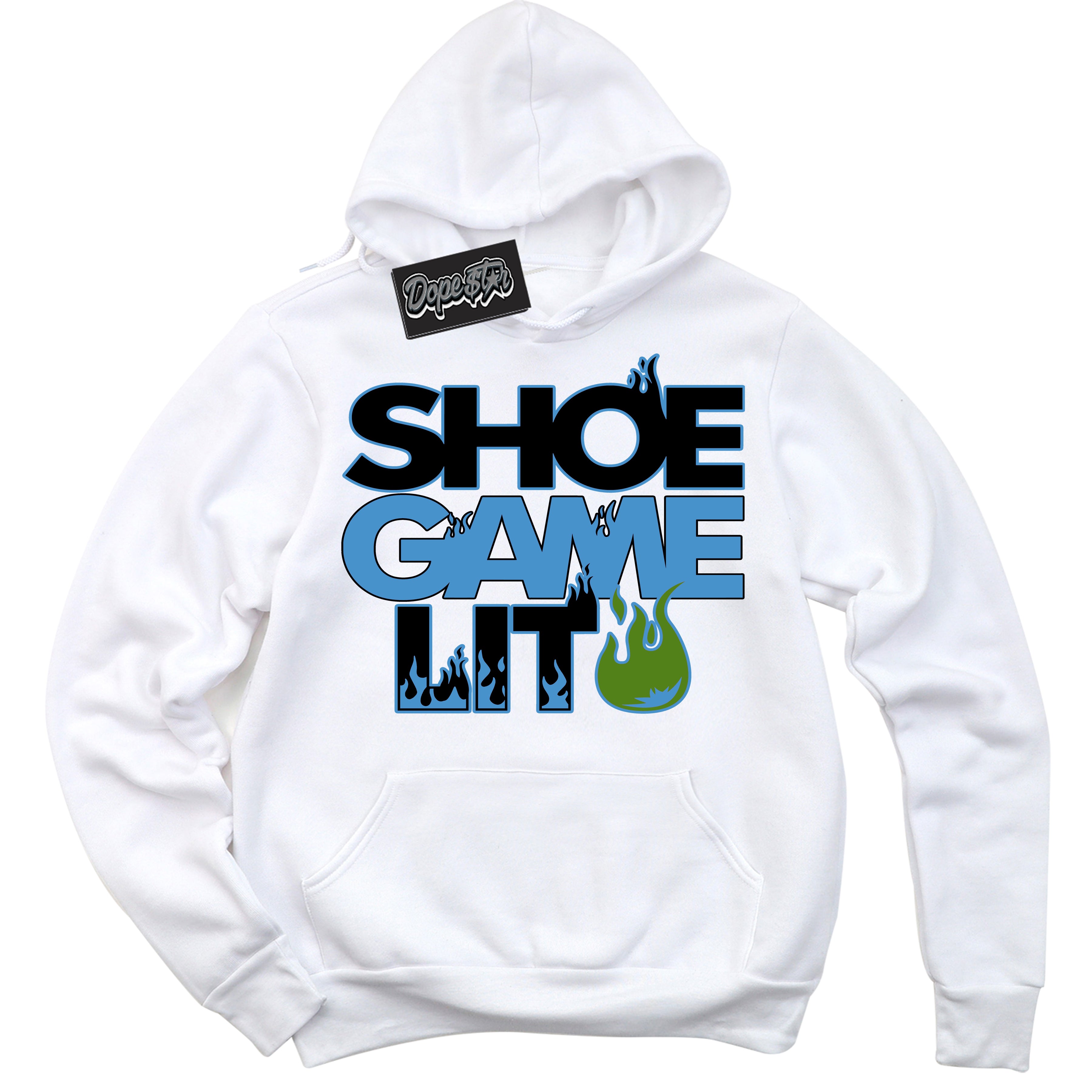 Cool White Hoodie with “ Shoe Game Lit '' design that Perfectly Matches  Black University Blue 13s Sneakers.