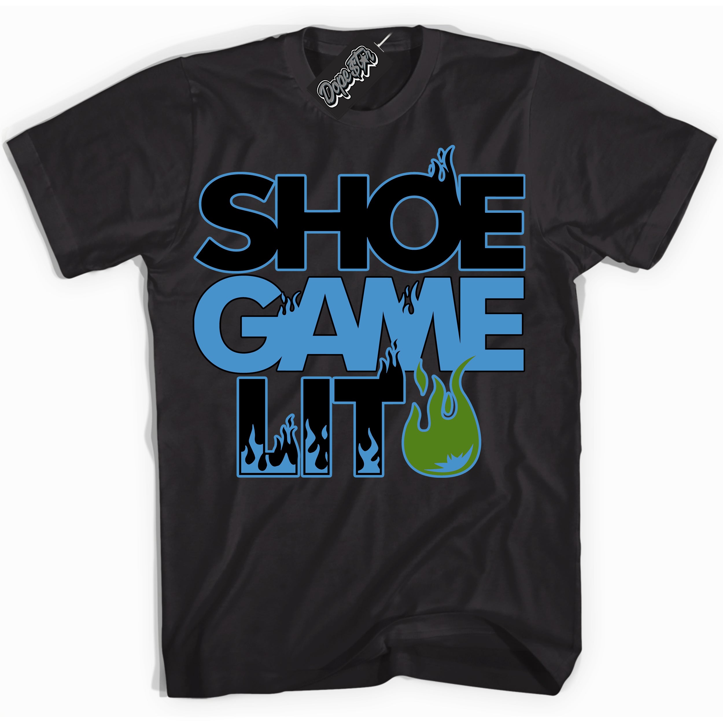 Cool Black Shirt with “ Shoe Game Lit ” design that perfectly matches Black University Blue 13s Sneakers.