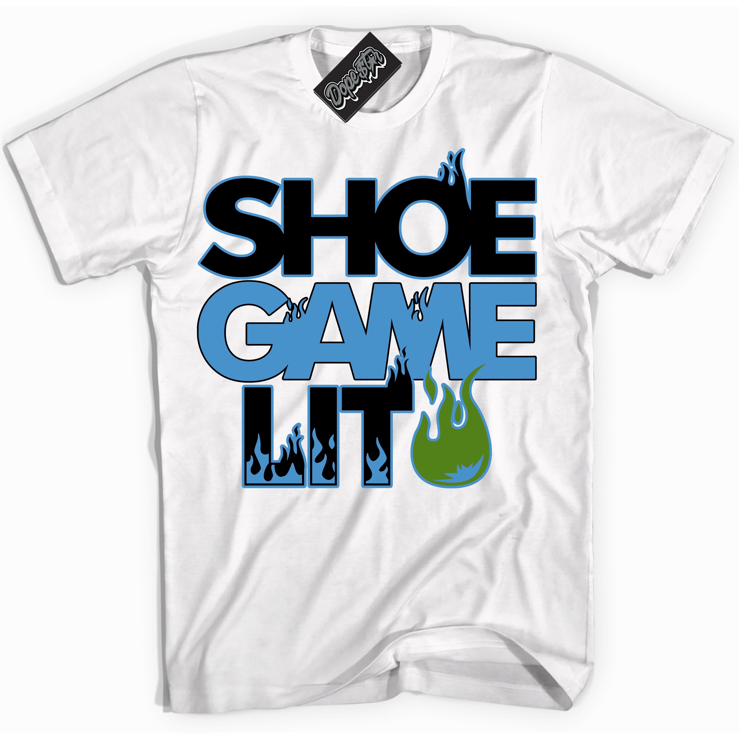 Cool White Shirt with “ Shoe Game Lit ” design that perfectly matches Black University Blue 13s Sneakers.