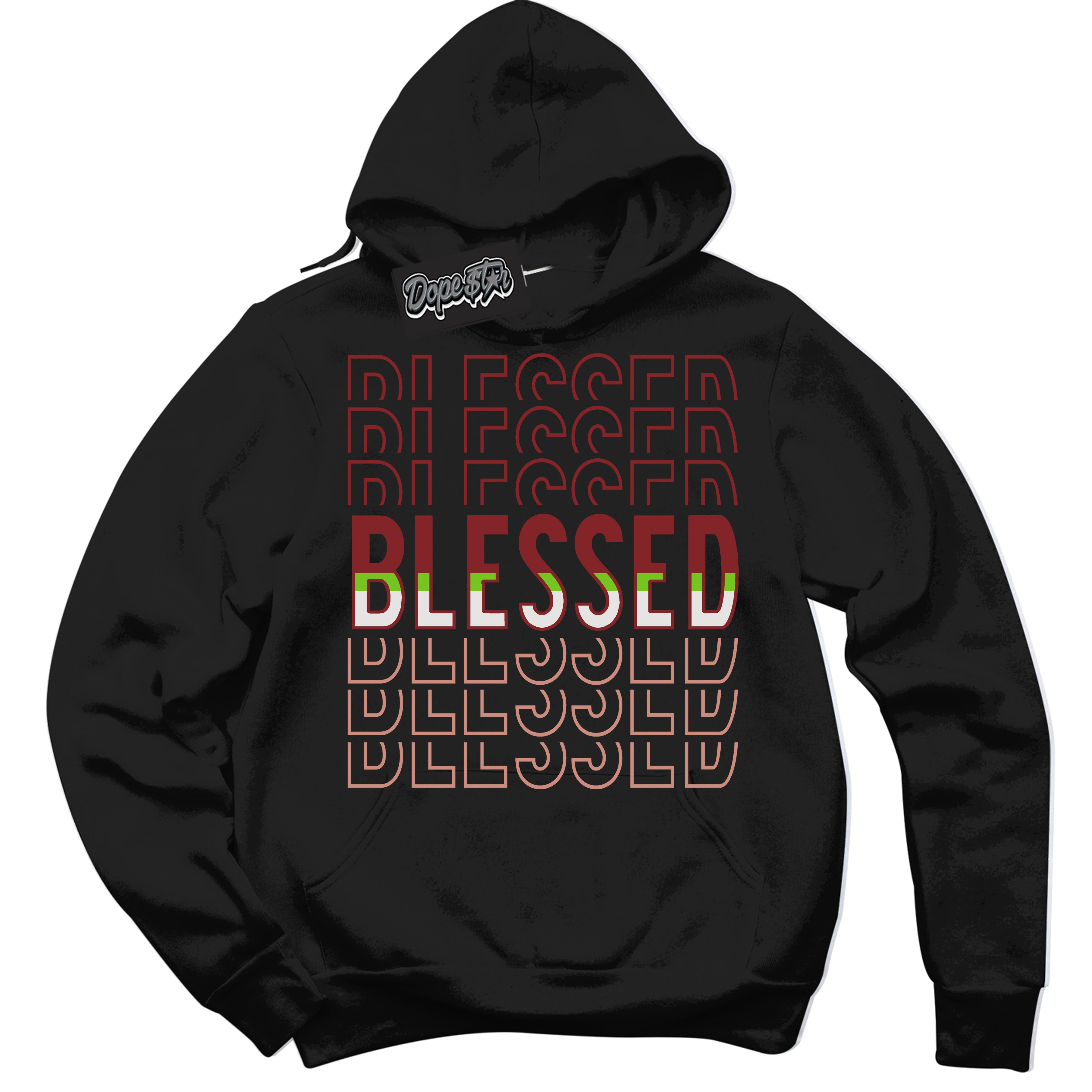 Cool Black Hoodie with “Blessed Stacked” design that Perfectly Matches Dune Red 13s Jordans.