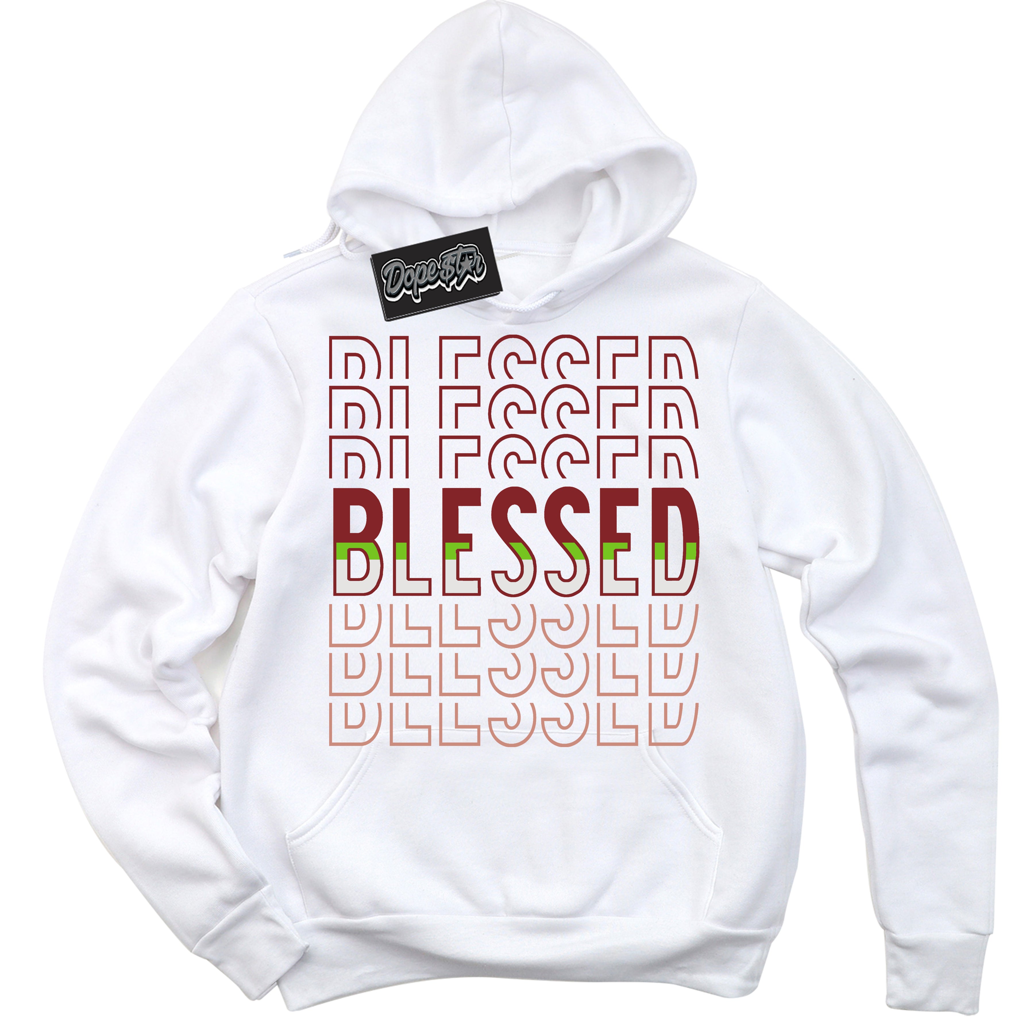 Cool White Hoodie with “Blessed Stacked” design that Perfectly Matches Dune Red 13s Jordans.