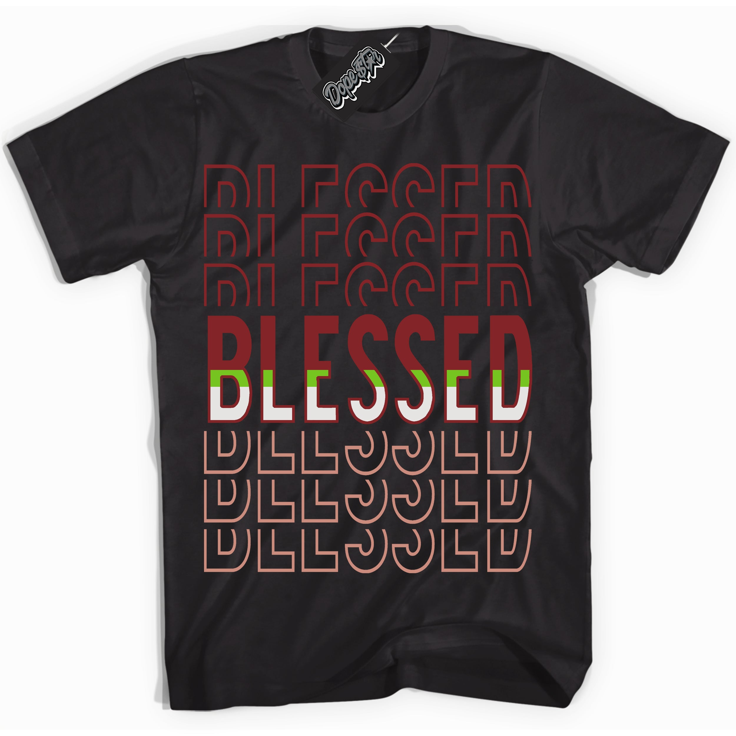 Cool Black Shirt with “Blessed Stacked” design that perfectly matches the Dune Red 13s Jordans.