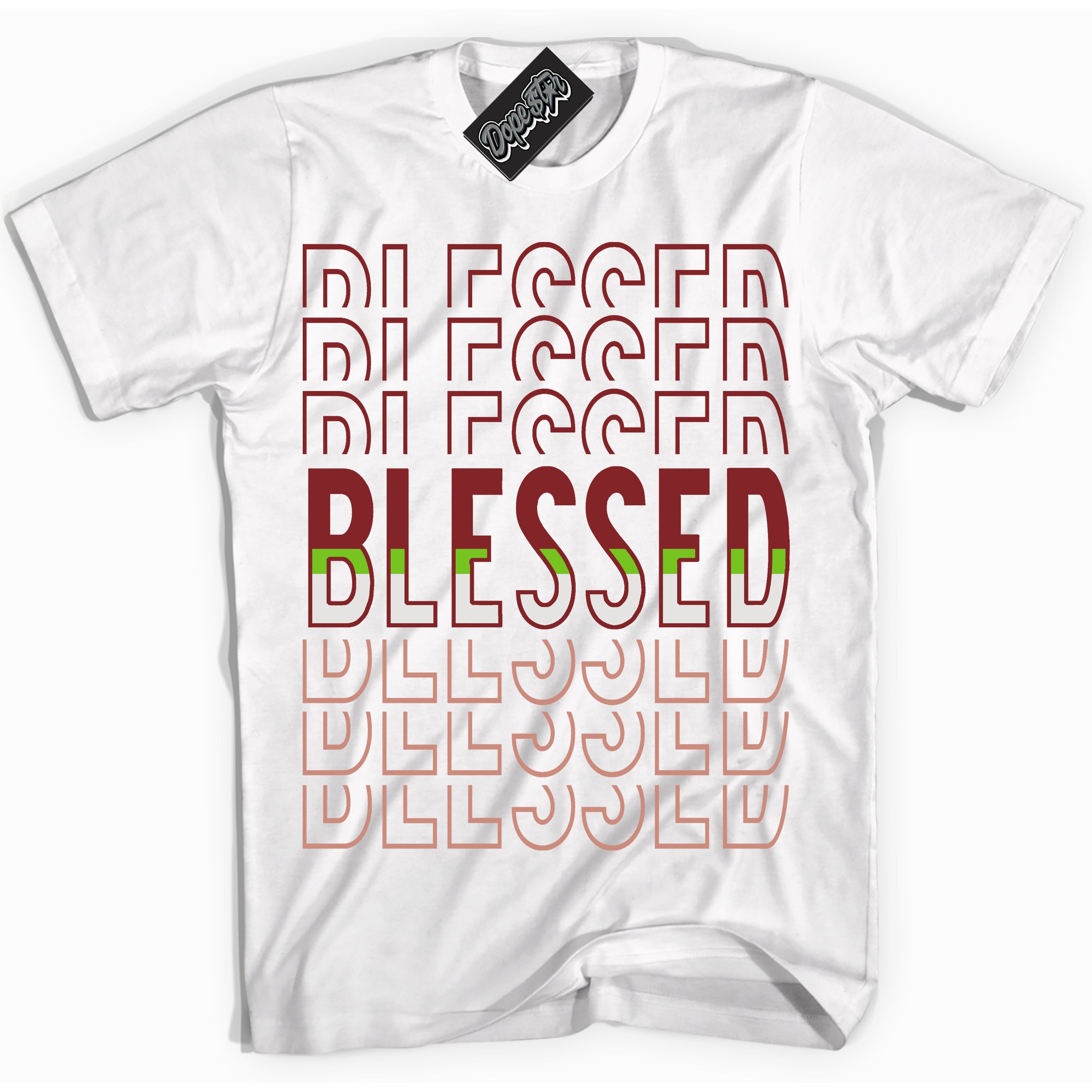 Cool White Shirt with “Blessed Stacked” design that perfectly matches the Dune Red 13s Jordans.