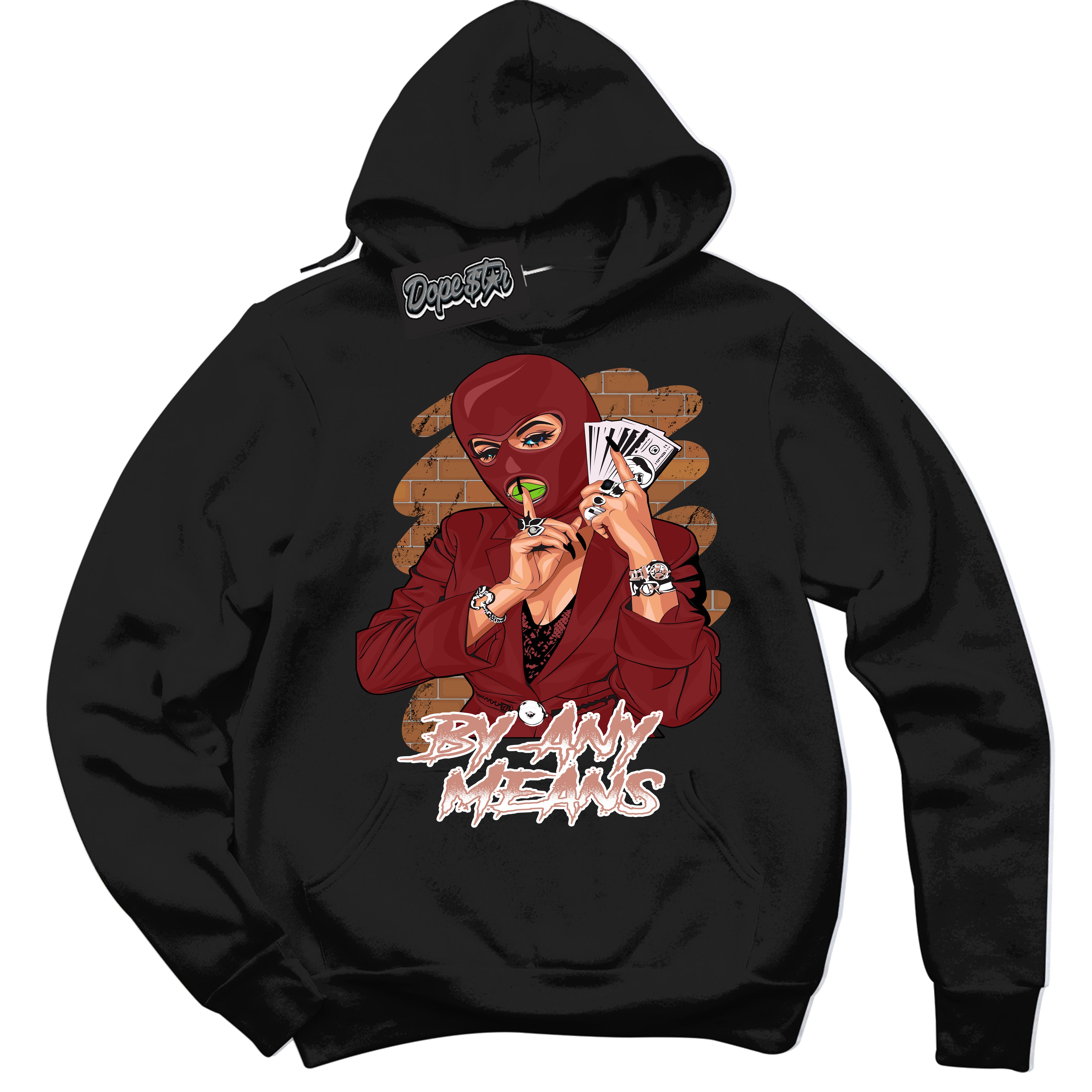 Cool Black Hoodie with “By Any Means” design that Perfectly Matches Dune Red 13s Jordans.