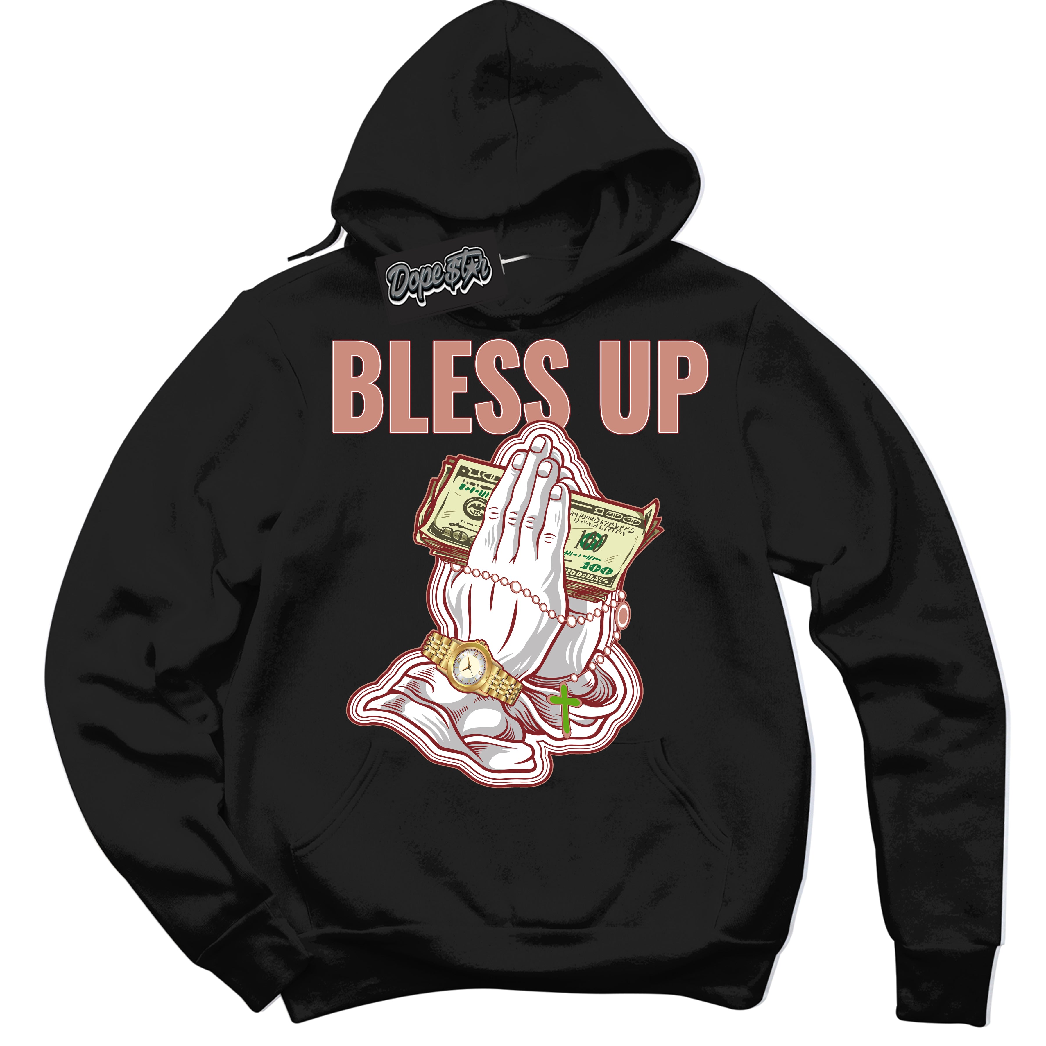 Cool Black Hoodie with “Bless Up” design that Perfectly Matches Dune Red 13s Jordans.