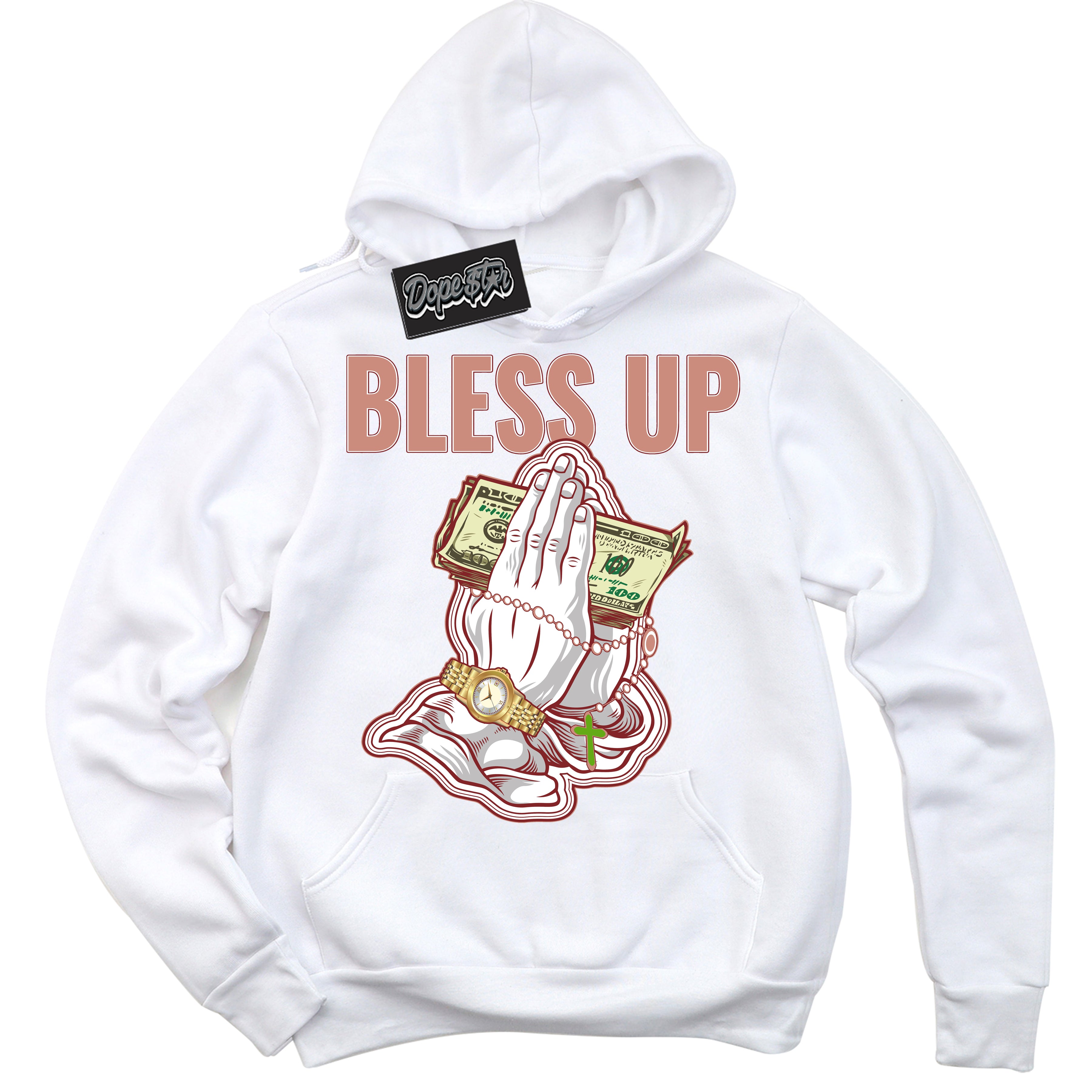 Cool White Hoodie with “Bless Up” design that Perfectly Matches Dune Red 13s Jordans.