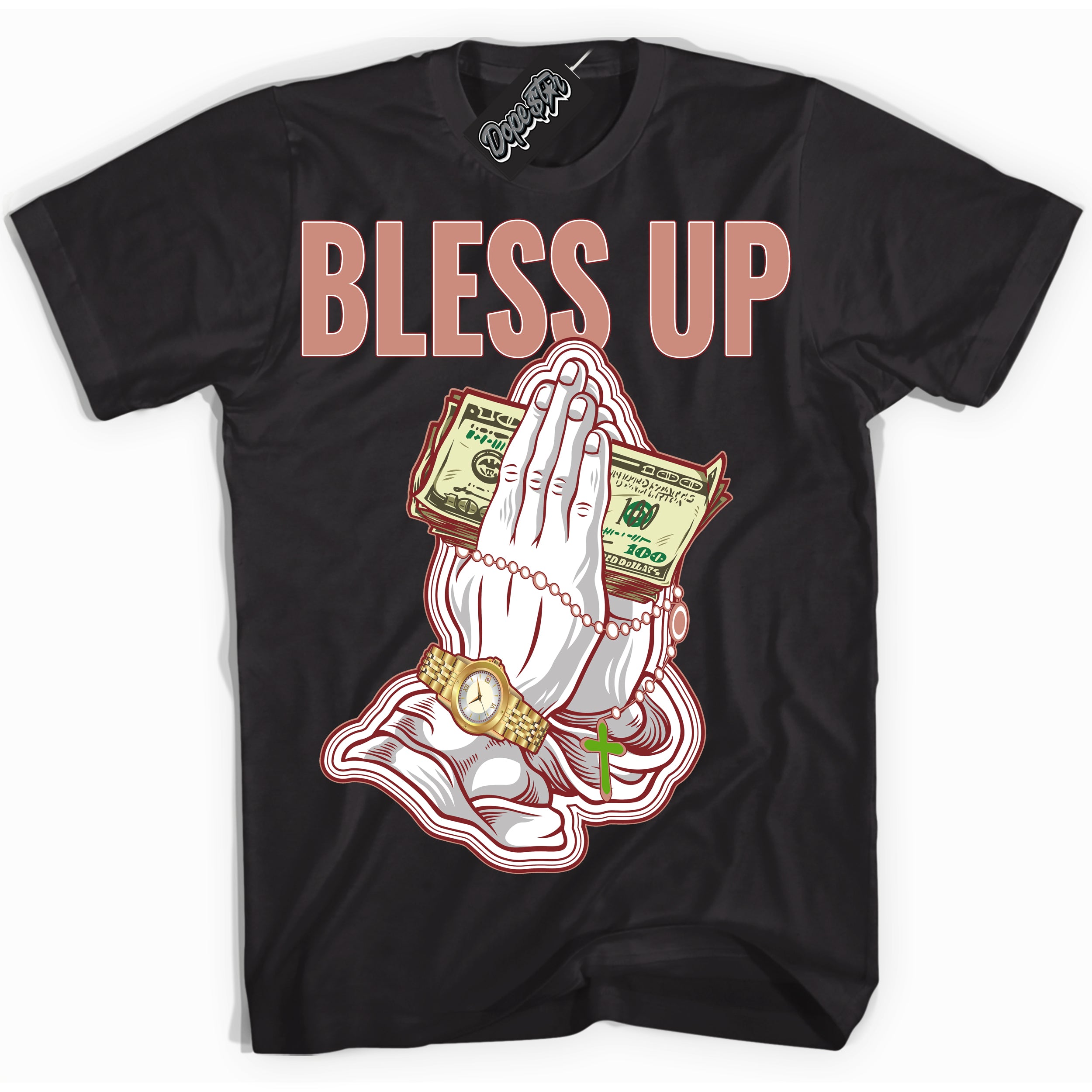 Cool Black Shirt with “Bless Up” design that perfectly matches the Dune Red 13s Jordans.