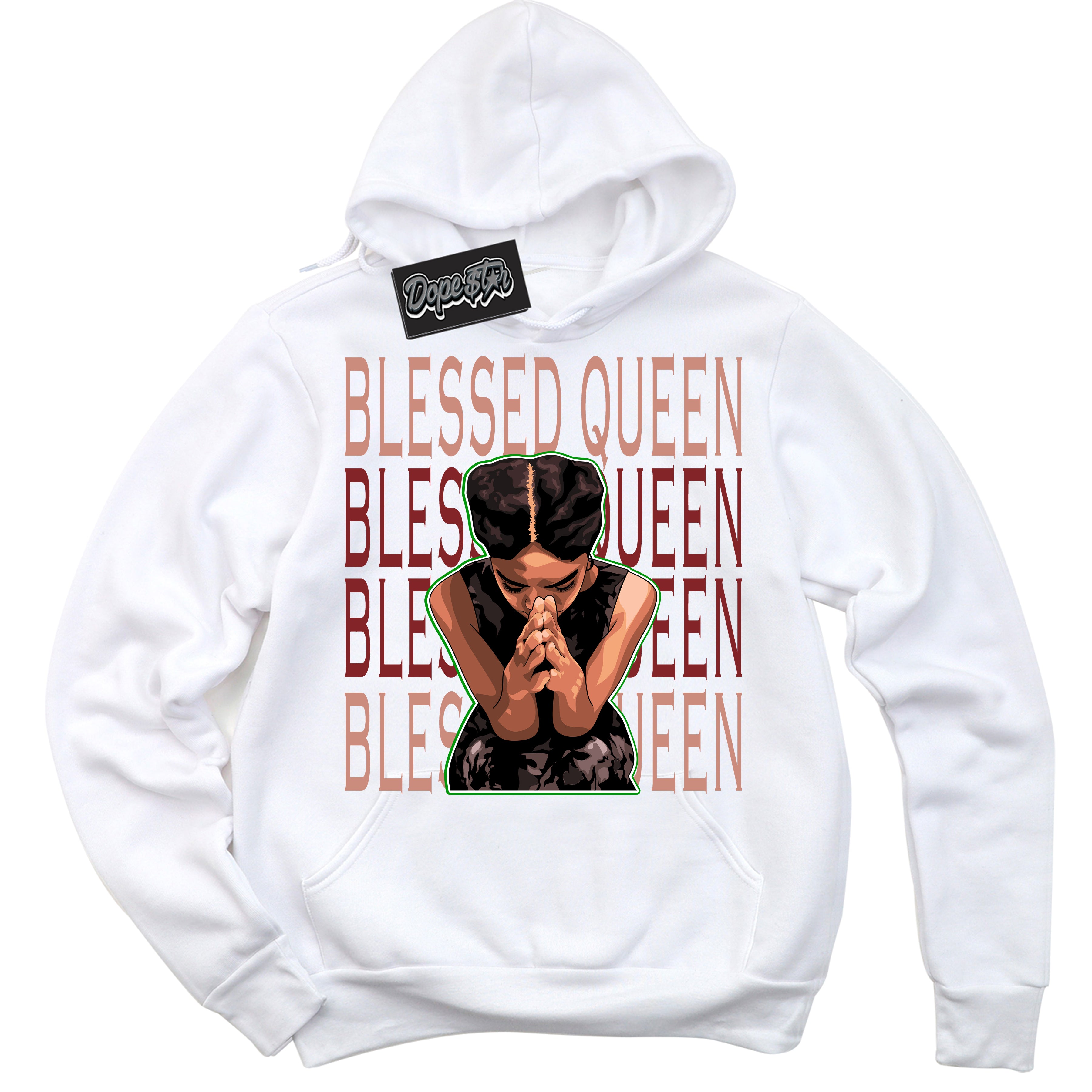 Cool White Hoodie with “Blessed Queen” design that Perfectly Matches Dune Red 13s Jordans.