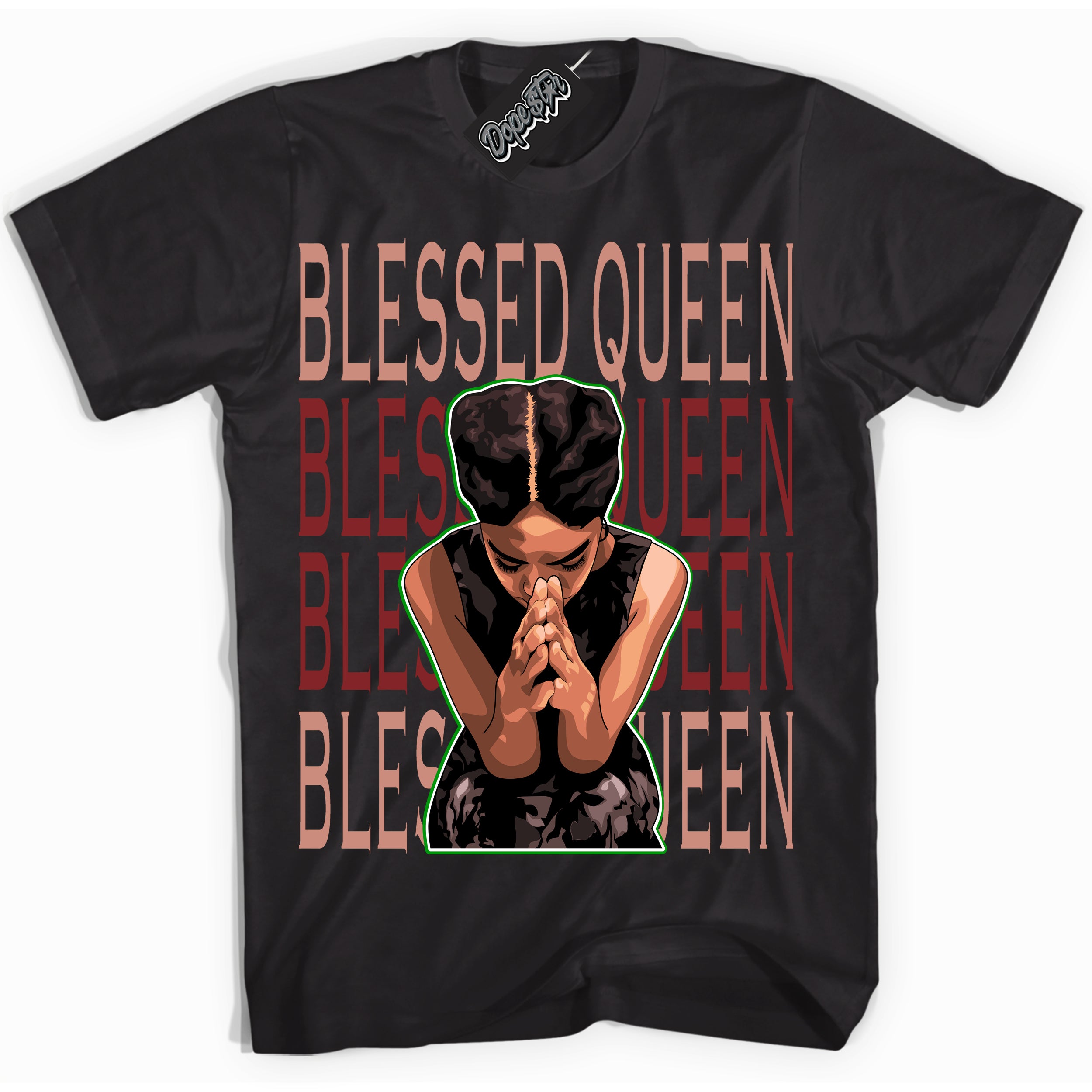 Cool Black Shirt with “Blessed Queen” design that perfectly matches the Dune Red 13s Jordans.