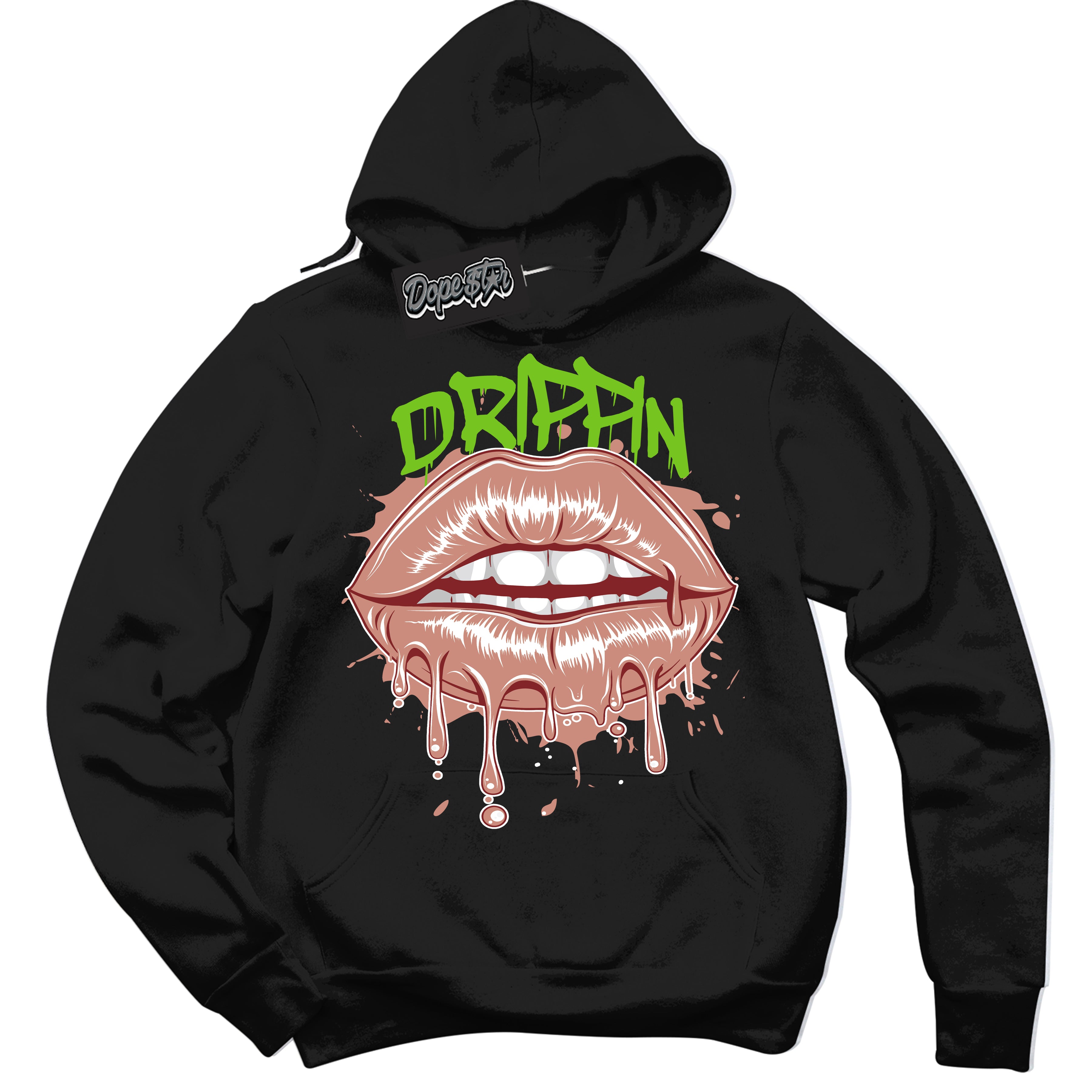 Cool Black Hoodie with “Drippin” design that Perfectly Matches Dune Red 13s Jordans.