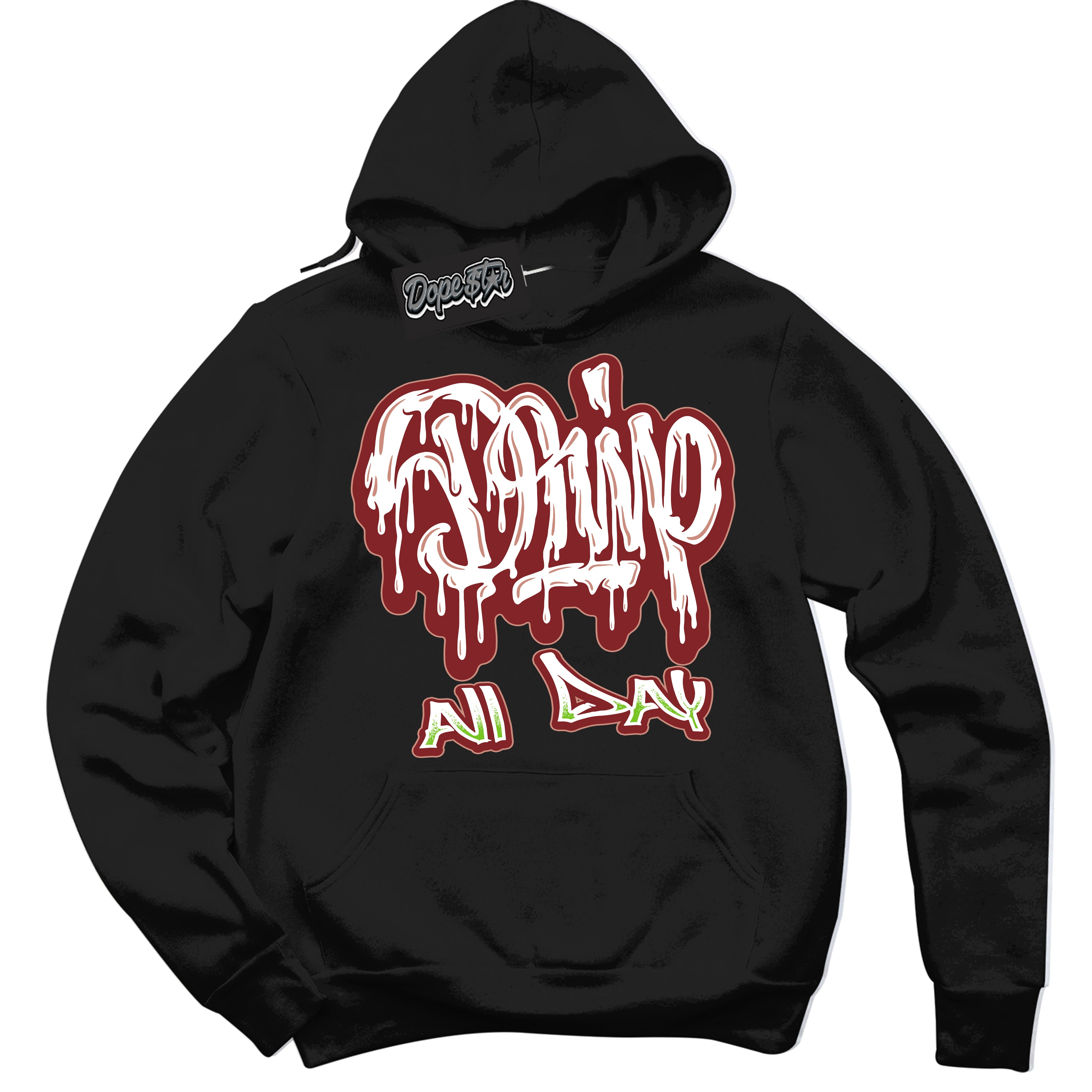 Cool Black Hoodie with “Drip All Day” design that Perfectly Matches Dune Red 13s Jordans.