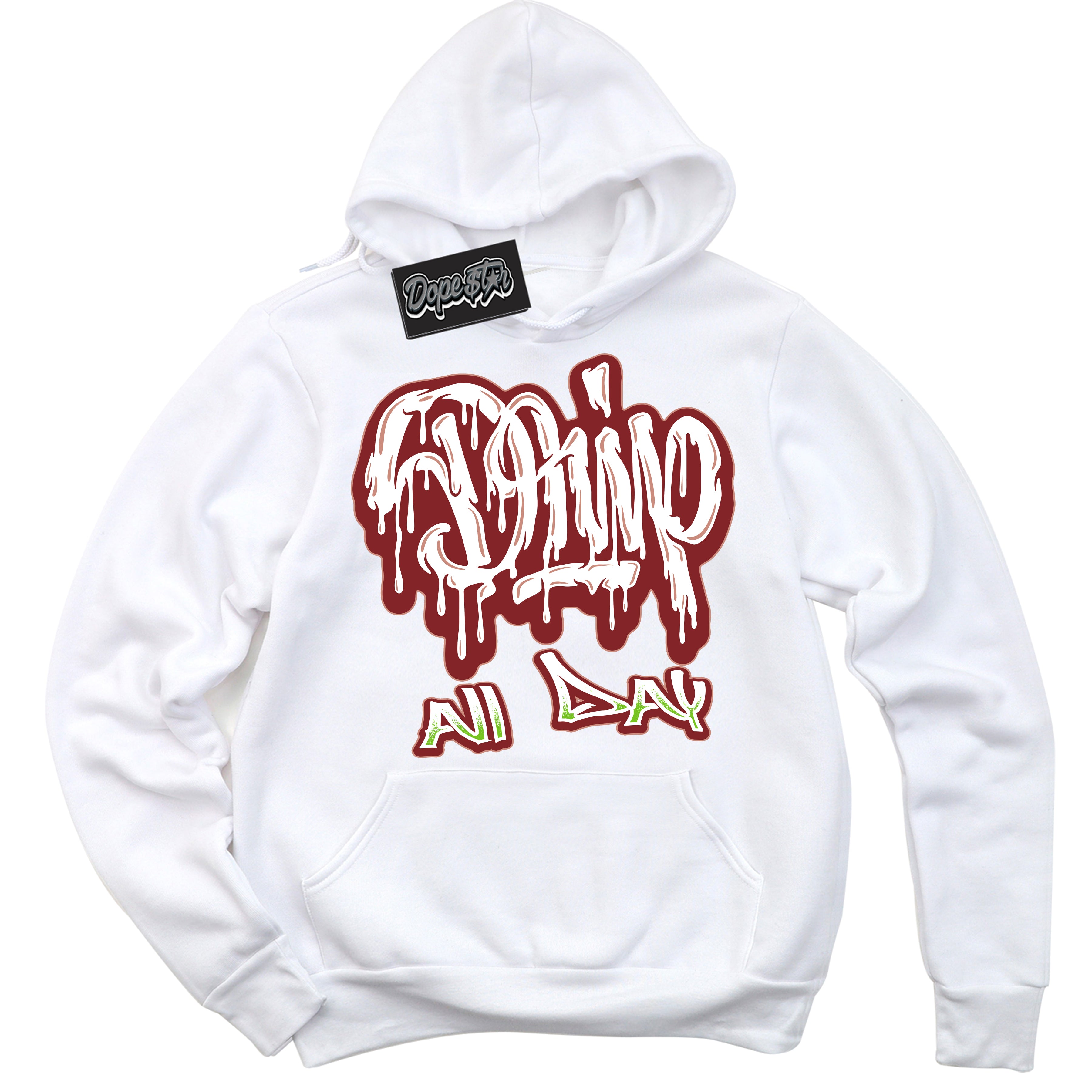 Cool White Hoodie with “Drip All Day” design that Perfectly Matches Dune Red 13s Jordans.