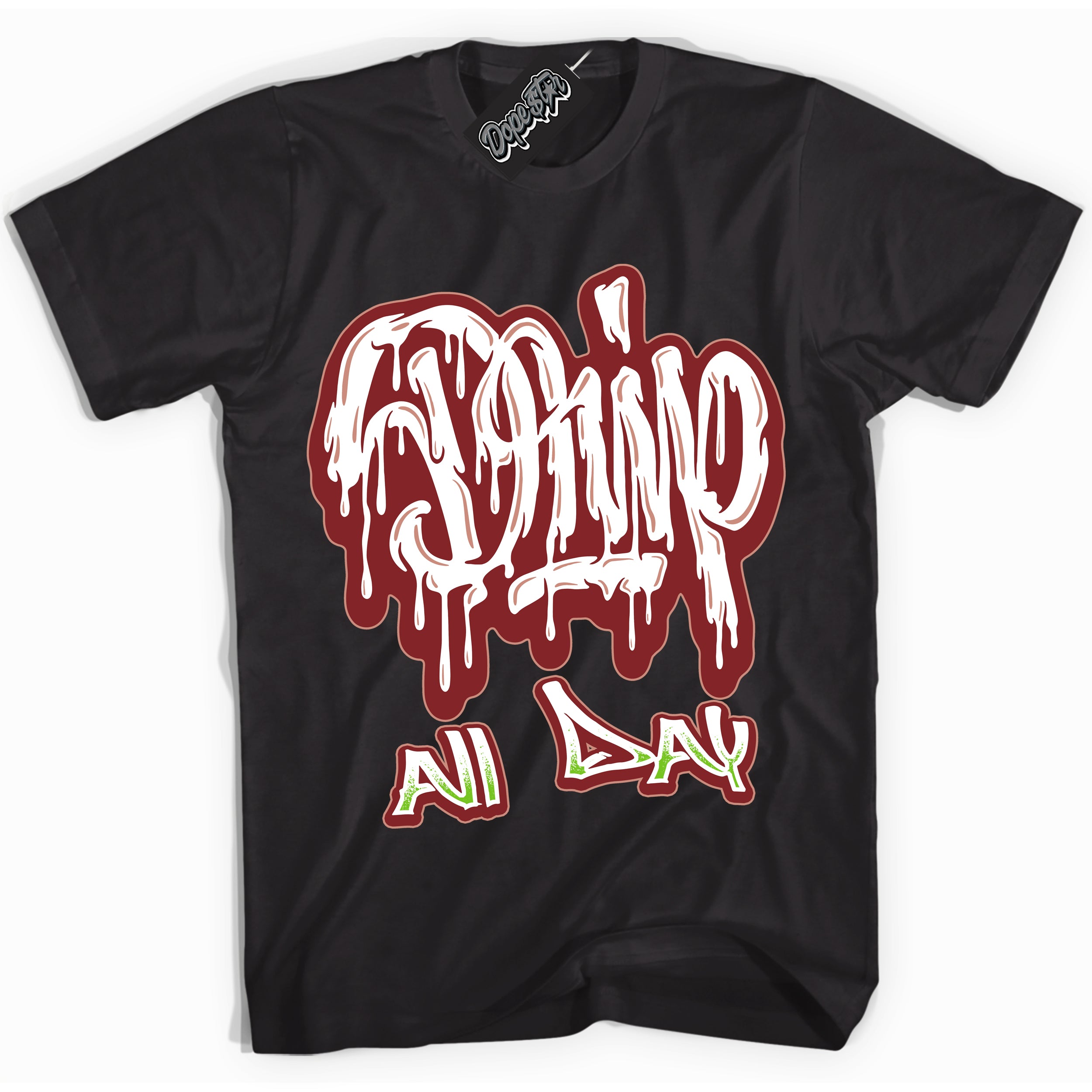 Cool Black Shirt with “Drip All Day” design that perfectly matches the Dune Red 13s Jordans.