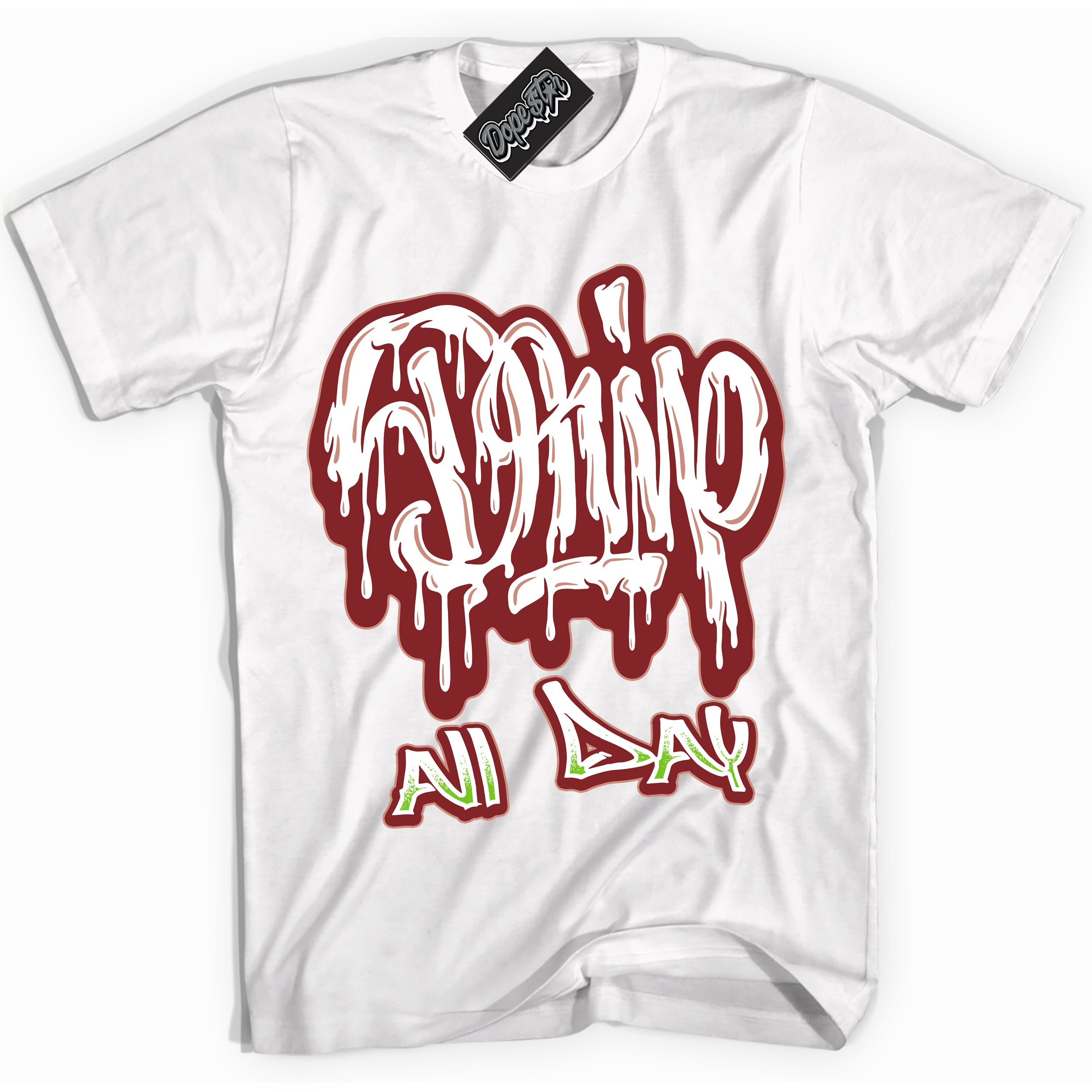 Cool White Shirt with “Drip All Day” design that perfectly matches the Dune Red 13s Jordans.