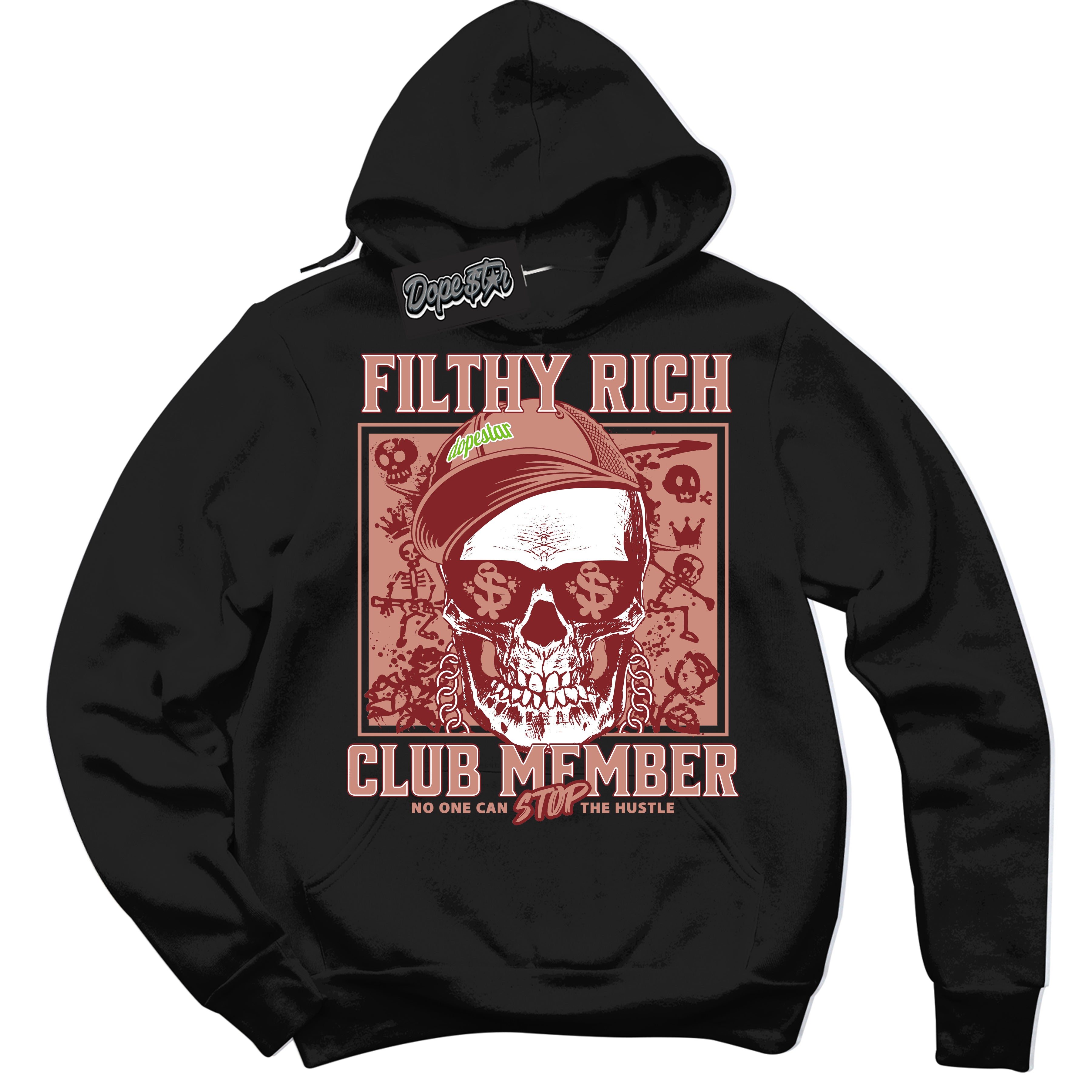 Cool Black Hoodie with “Filthy Rich” design that Perfectly Matches Dune Red 13s Jordans.