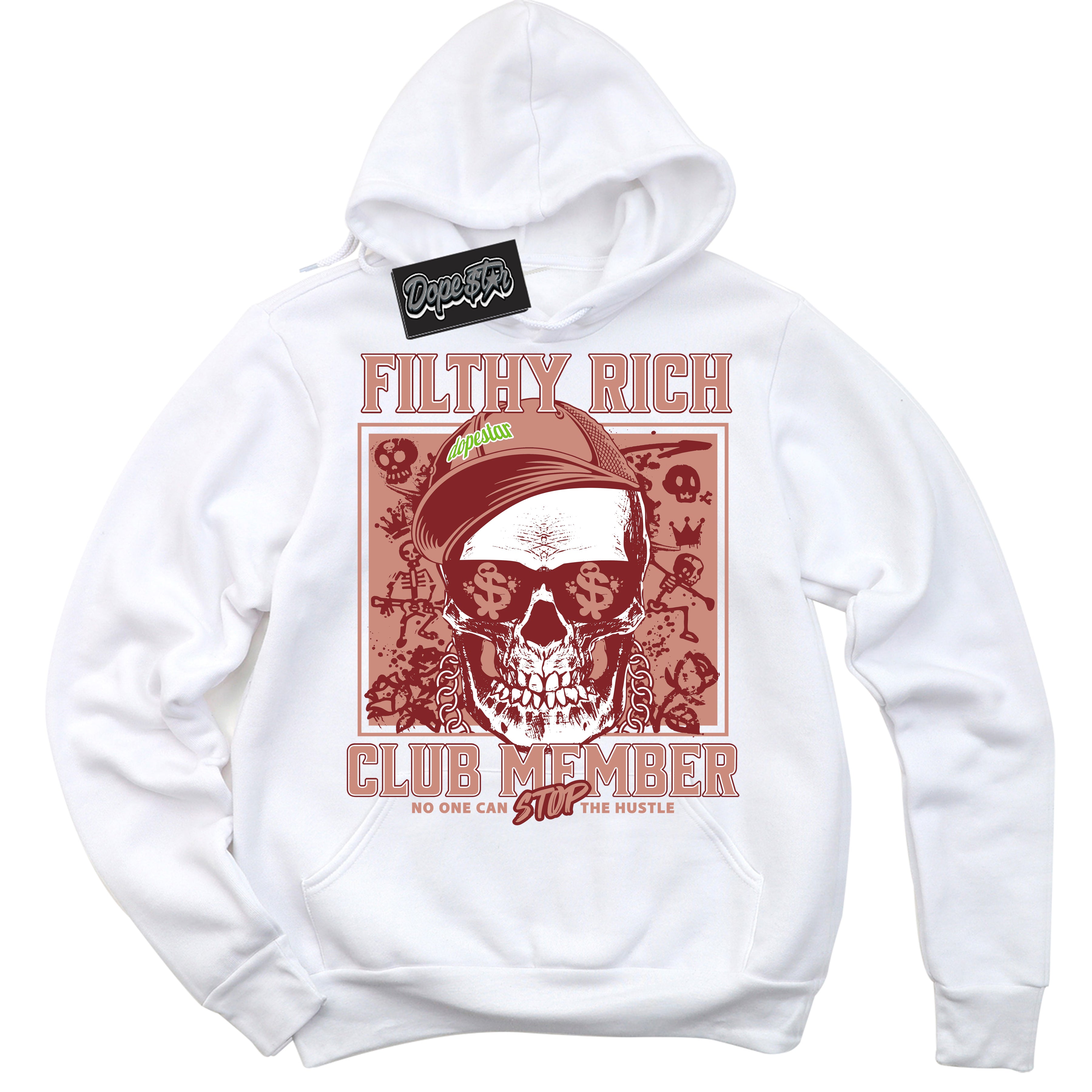 Cool White Hoodie with “Filthy Rich” design that Perfectly Matches Dune Red 13s Jordans.