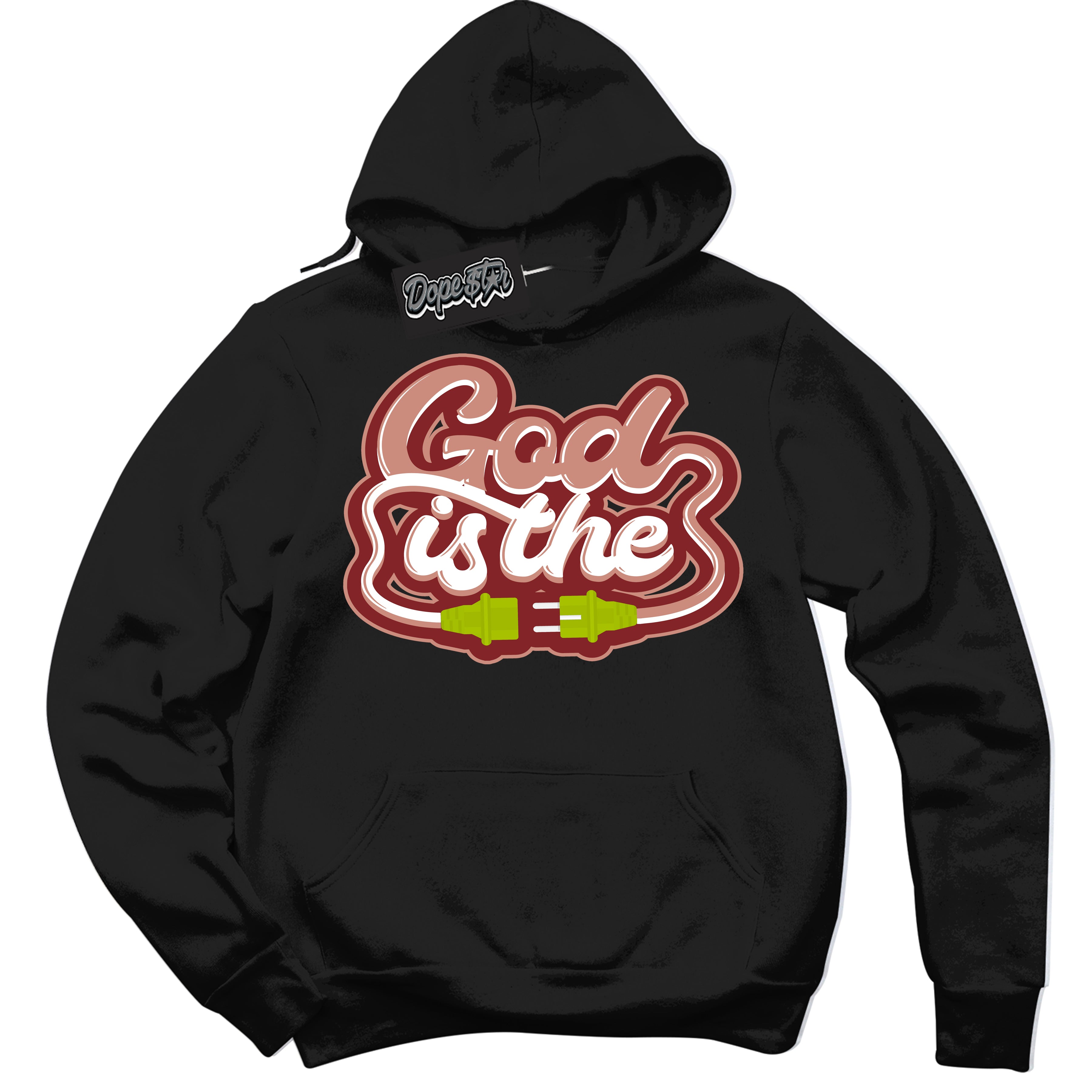 Cool Black Hoodie with “God Is The” design that Perfectly Matches Dune Red 13s Jordans.